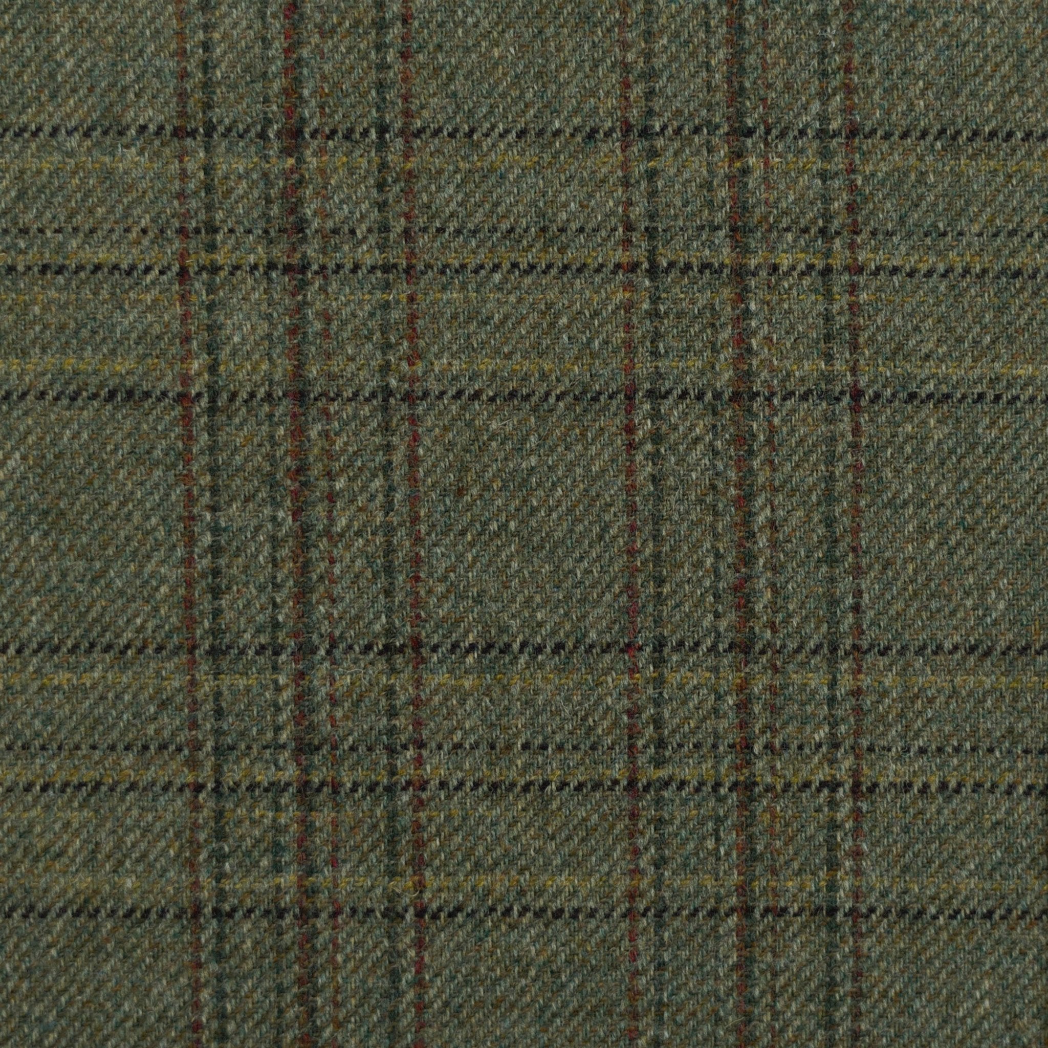 Close-up of House Tweed 81766 by Campbells of Beauly, a green Scottish Saxony tweed with a plaid pattern of thin yellow and red lines forming a grid—highlighting the brand’s timeless craftsmanship.