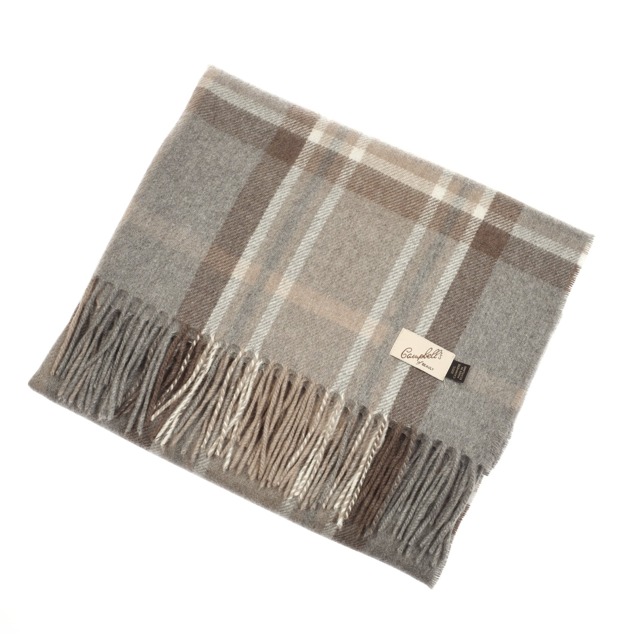 A unisex cashmere tartan scarf with fringe ends, showcasing a beige, brown, and gray plaid pattern and a Campbell's of Beauly label attached.
