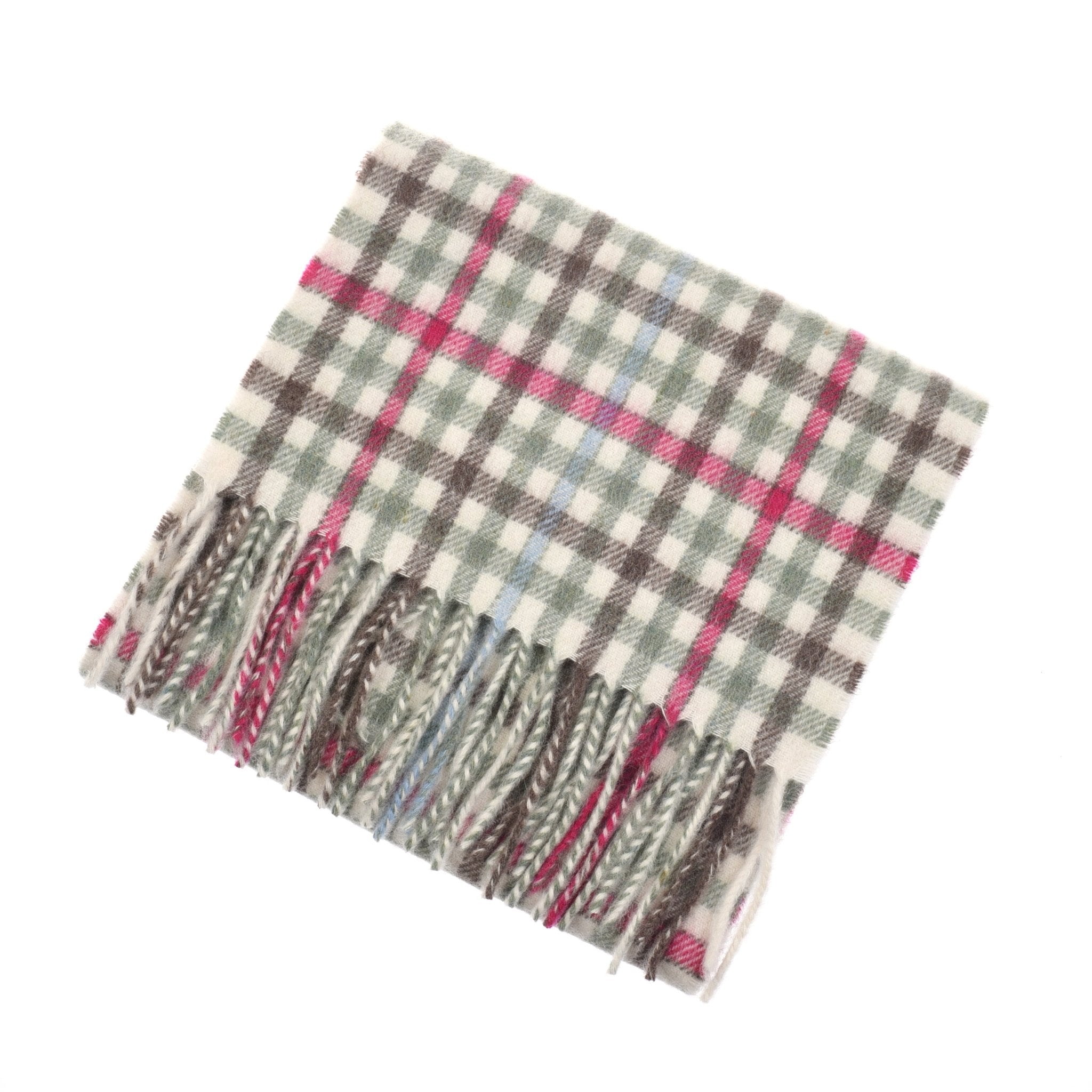 The Unisex Cashmere Scarf by Campbell's of Beauly features folded Scottish cashmere with a green, red, blue, and white plaid pattern and fringed ends—a true luxury accessory.