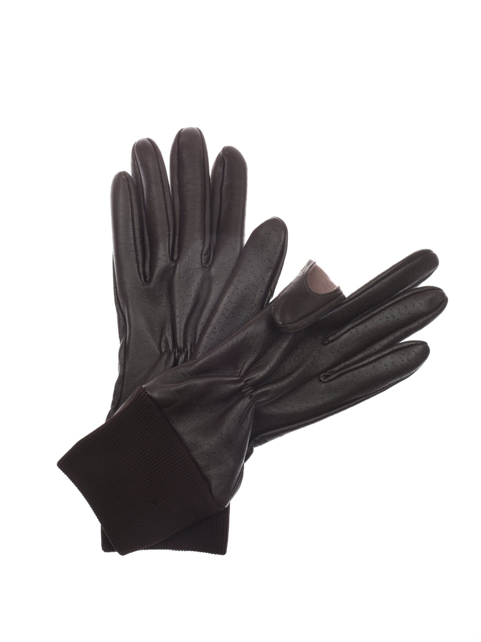 A pair of Campbell's of Beauly Unisex Heritage Shooting Gloves in black hairsheep leather, showing ribbed cuffs and a touchscreen-compatible index finger. One glove is laid flat, the other stacked on top, against a white background.