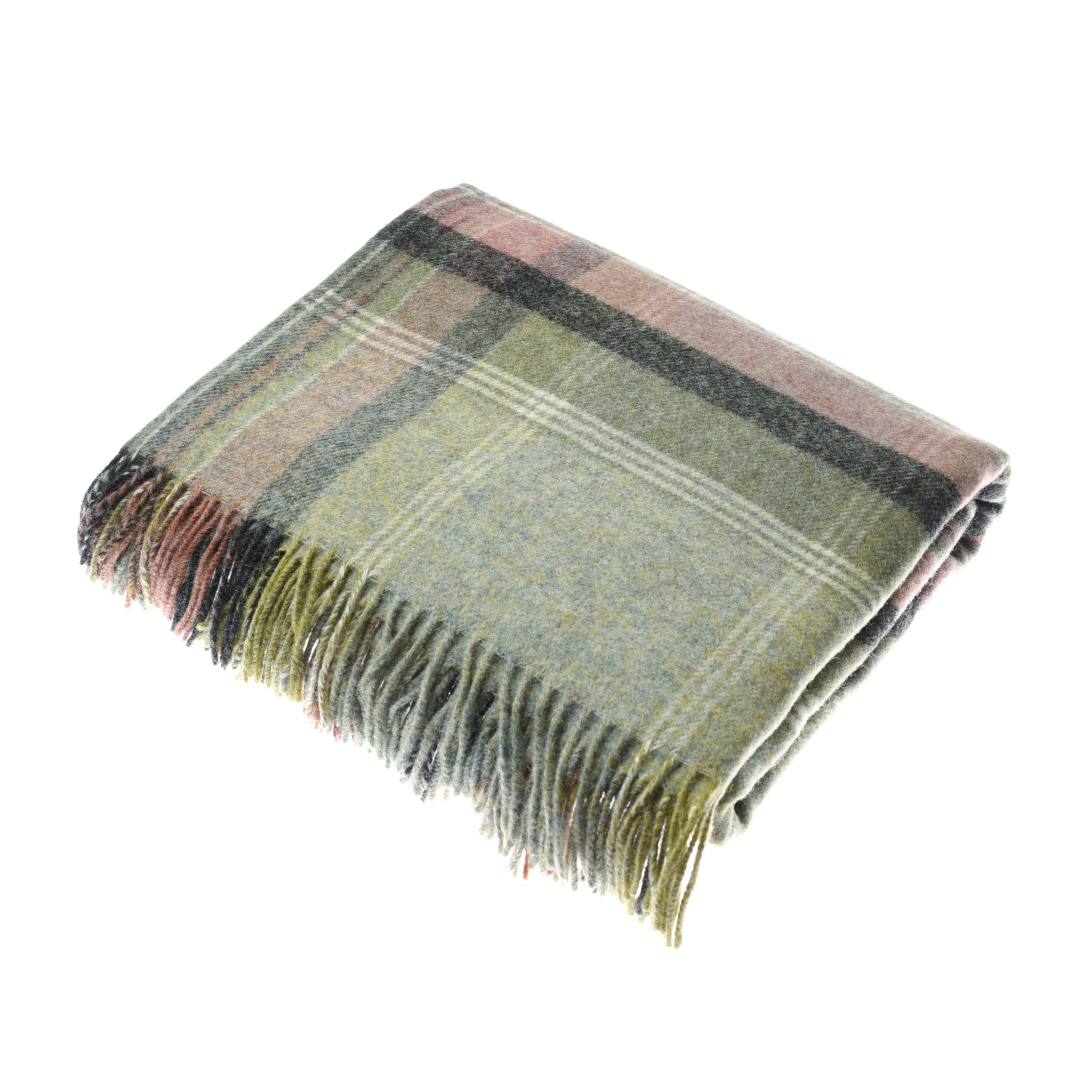 The Inchmore Lambswool Throw by Campbells of Beauly features a plaid design in green, gray, and pink with fringed edges for a cosy touch—beautifully crafted in Yorkshire.