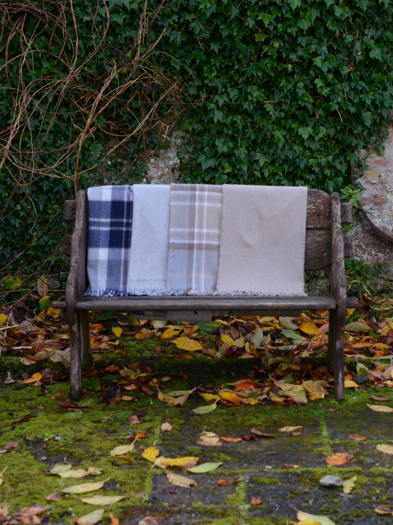 A rustic wooden bench outdoors holds three wool blankets and a soft Campbell's of Beauly Cashmere Stole draped over the back. Fallen leaves and moss cover the ground, with green ivy climbing the wall behind.