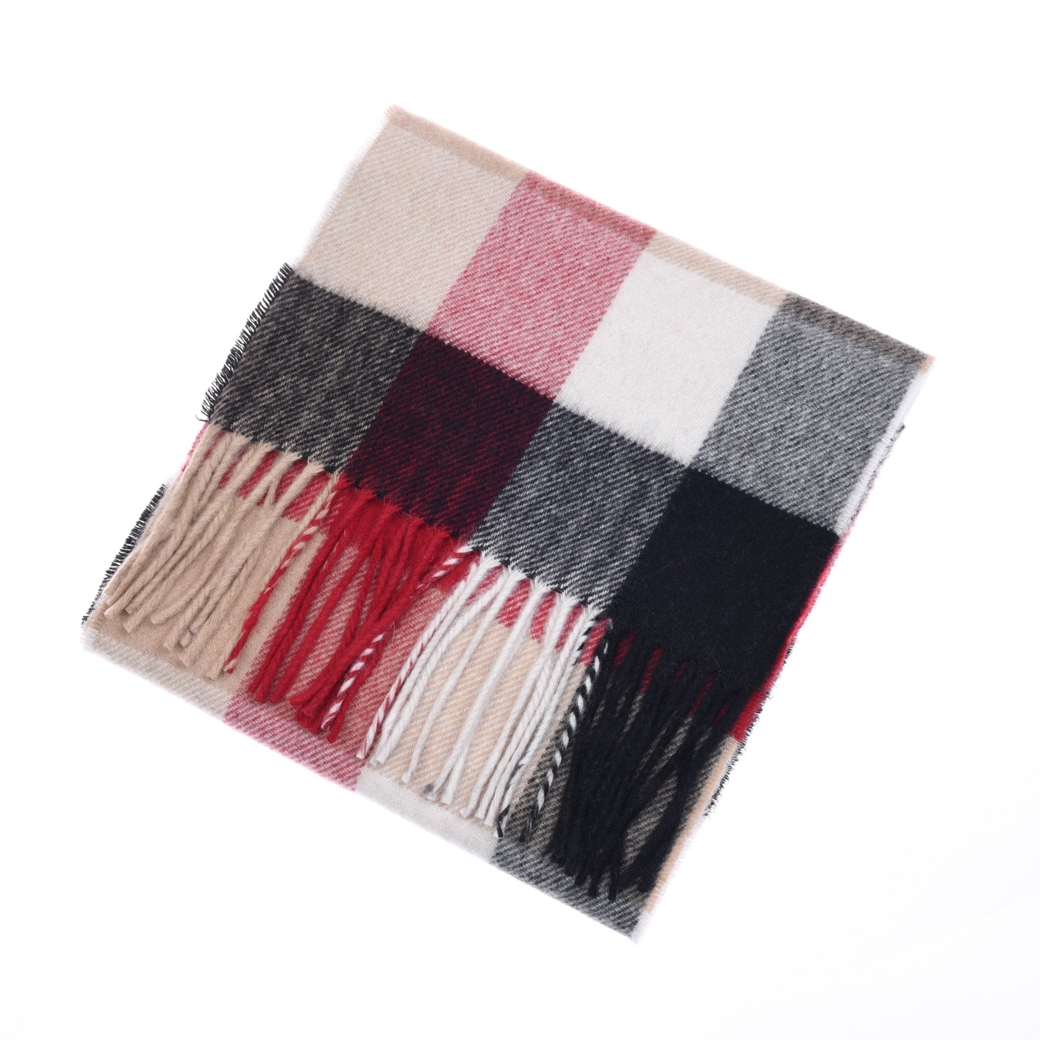 The Unisex Cashmere Scarf by Campbell's of Beauly features a large plaid in beige, red, black, and gray with fringed edges. Folded and displayed on a white background, it’s a luxurious accessory for any wardrobe.