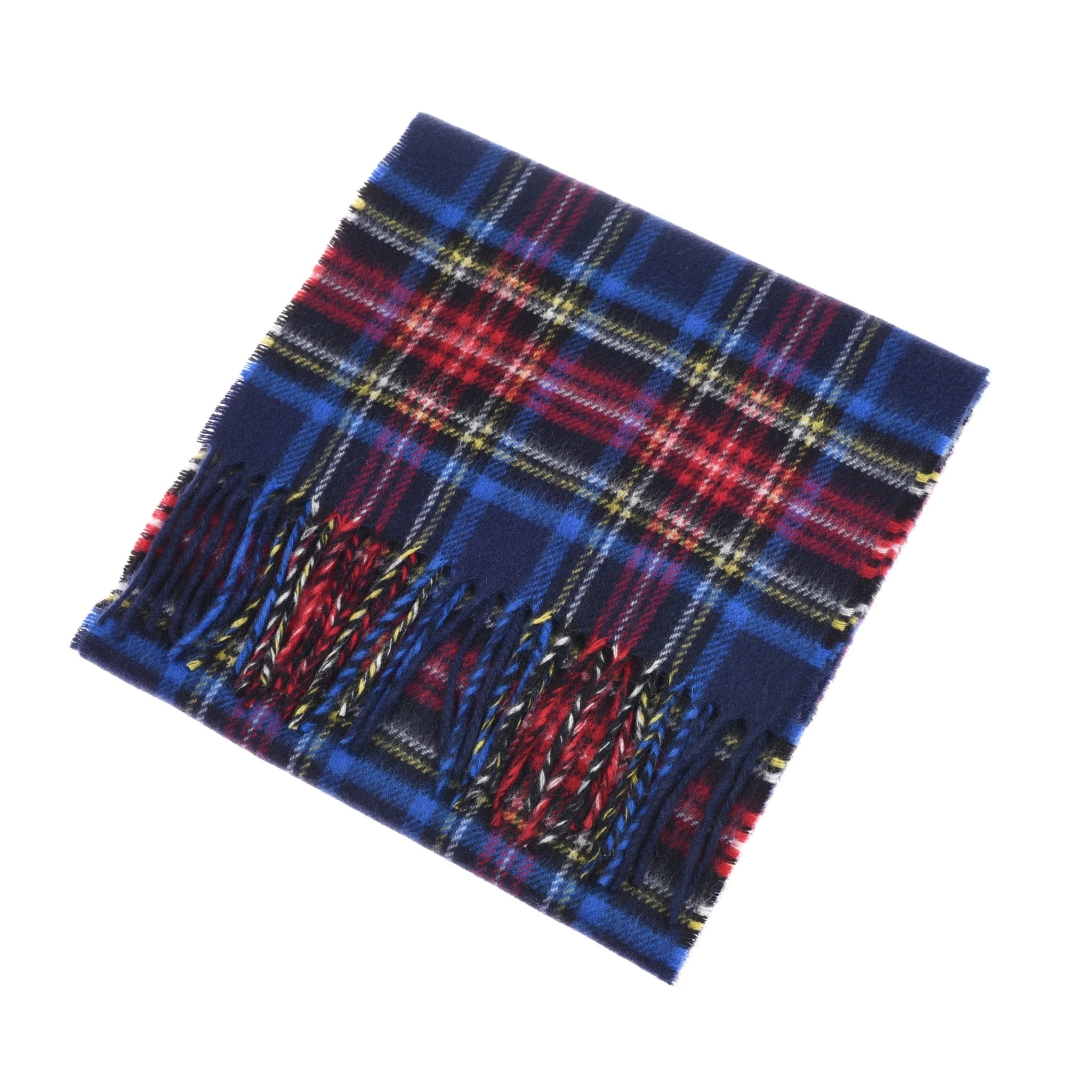 The Unisex Cashmere Tartan Scarf by Campbell's of Beauly features a blue, red, black, and yellow plaid pattern with multicolored fringes, inspired by the Scottish Borders, shown folded on a white background.