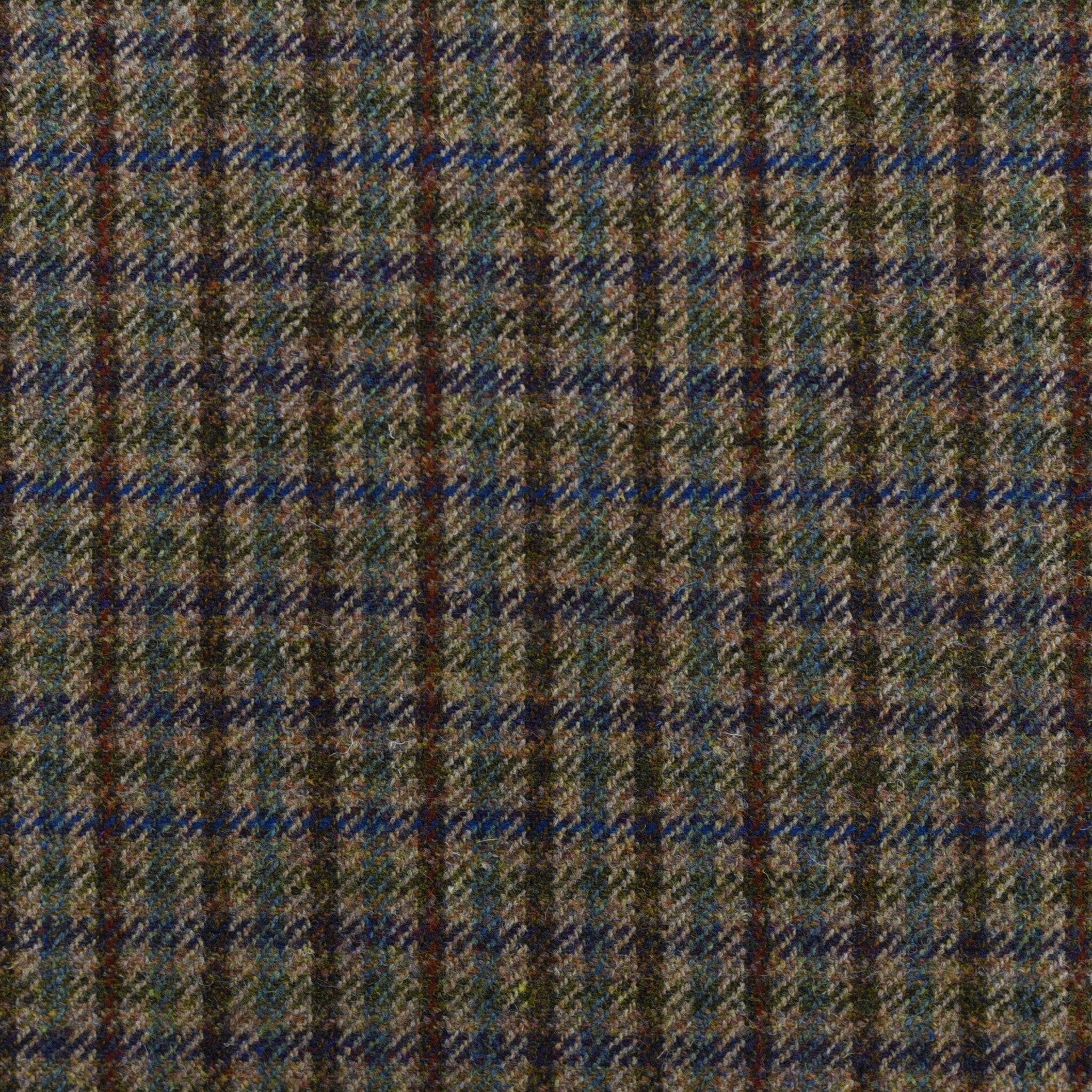 Close-up of Campbell's of Beauly House Tweed 84941 wool fabric, showcasing a classic Scottish tweed design with intersecting brown, green, blue, and beige plaid lines in earthy tones.