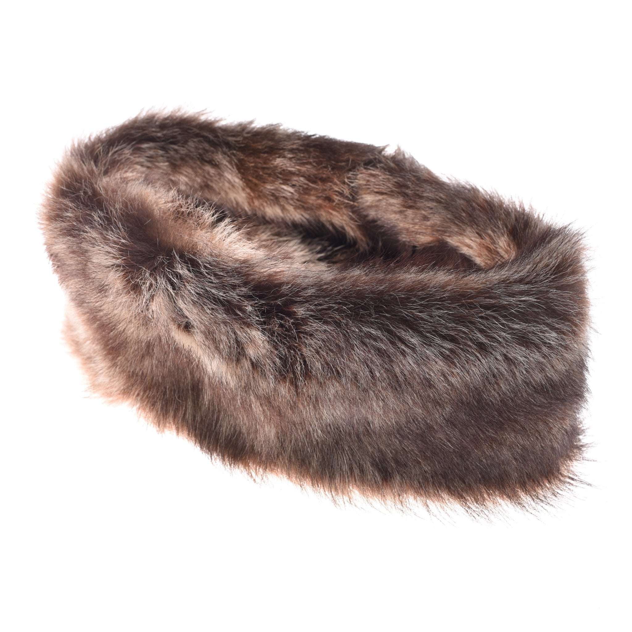 The Campbell's of Beauly Sheepskin Headband features a circular, soft brown fur design with a fluffy texture, offering luxury and elegance reminiscent of a stole, shown against a white background.
