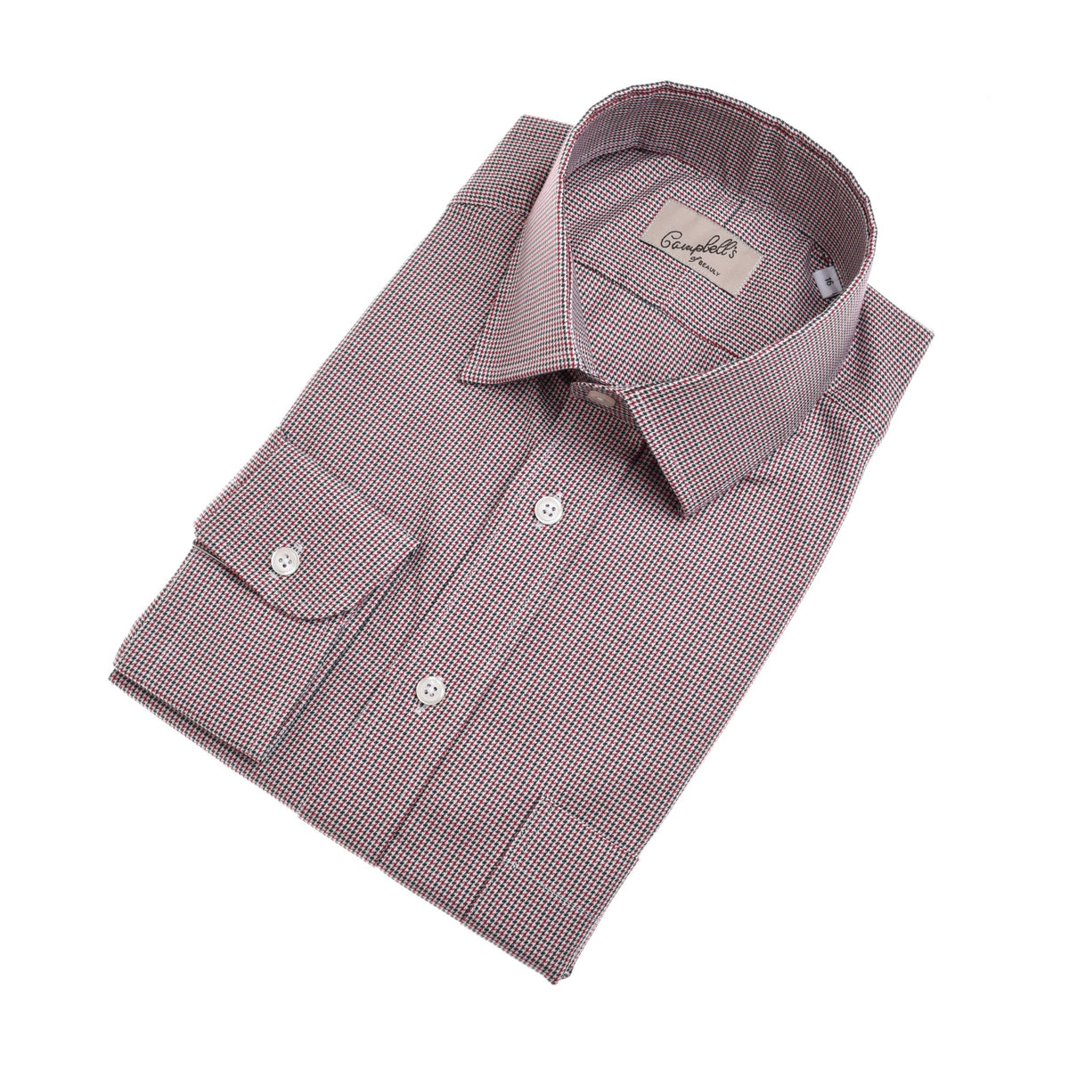 The Auld Stock Grouse Shirt by Campbell’s of Beauly features a red check pattern, long sleeves, button front, single chest pocket, and inside collar label—ideal for country outings, shown folded on a white background.