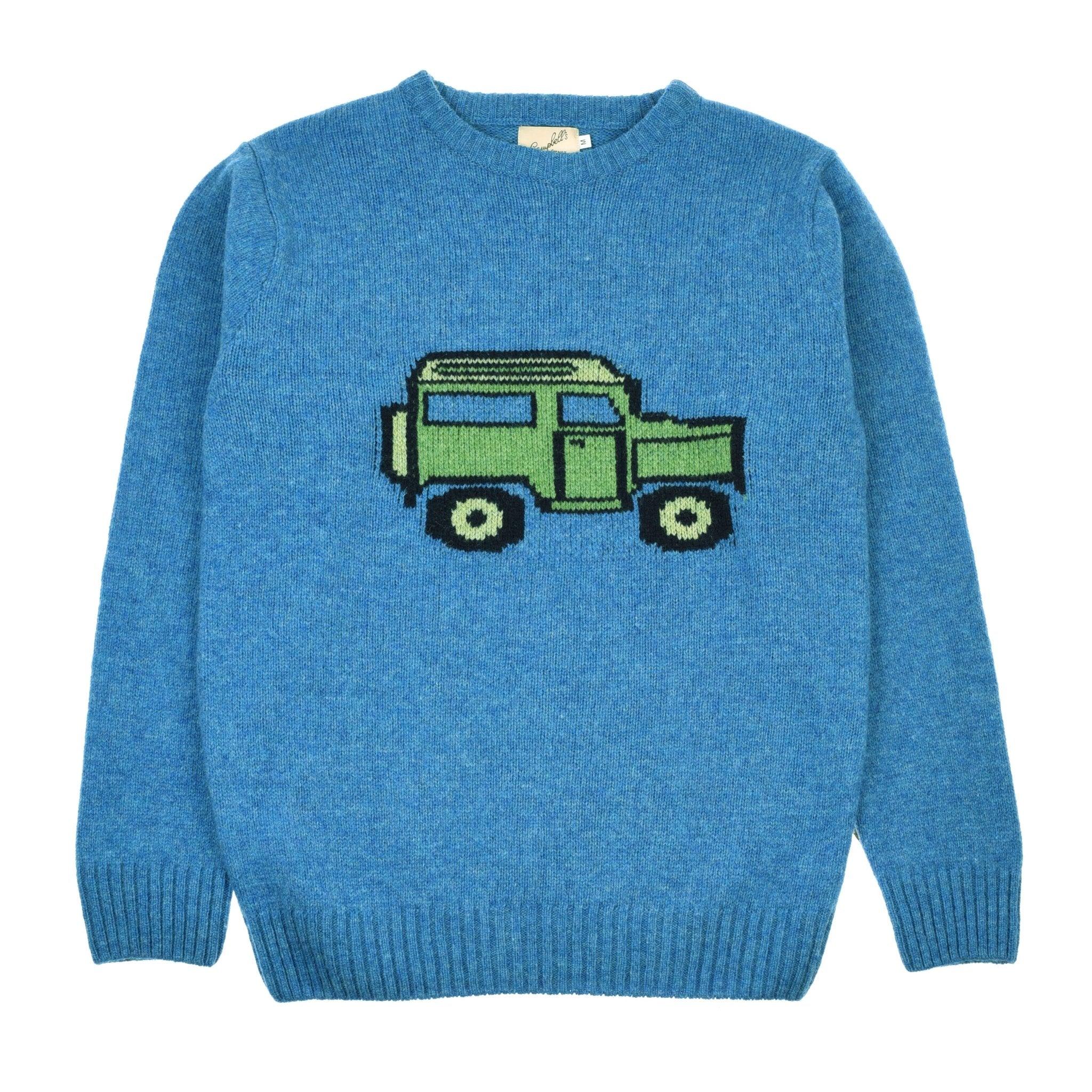 The Unisex Land Rover Defender Jumper by Campbell's of Beauly is a blue knit sweater with a green and black car design on the front, featuring long sleeves and ribbed cuffs, hem, and neckline. Inspired by classic knitwear and British motoring.