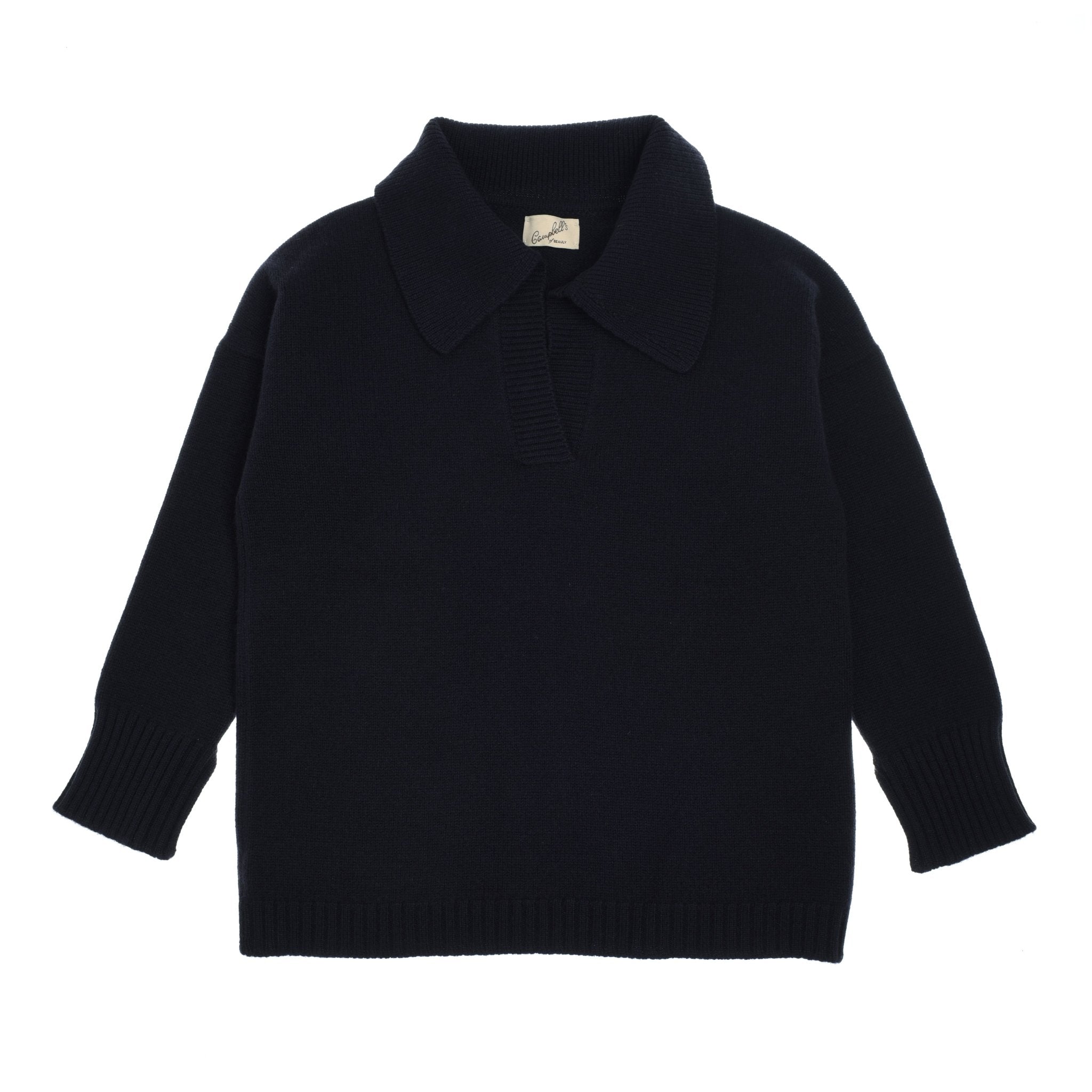 The Auld Stock Cashmere Shirt Jumper by Campbell's of Beauly is a black, long-sleeve knit with a wide collar, ribbed cuffs and hem, crafted from 100% cashmere and inspired by Scottish Borders style. Laid flat on a white background.