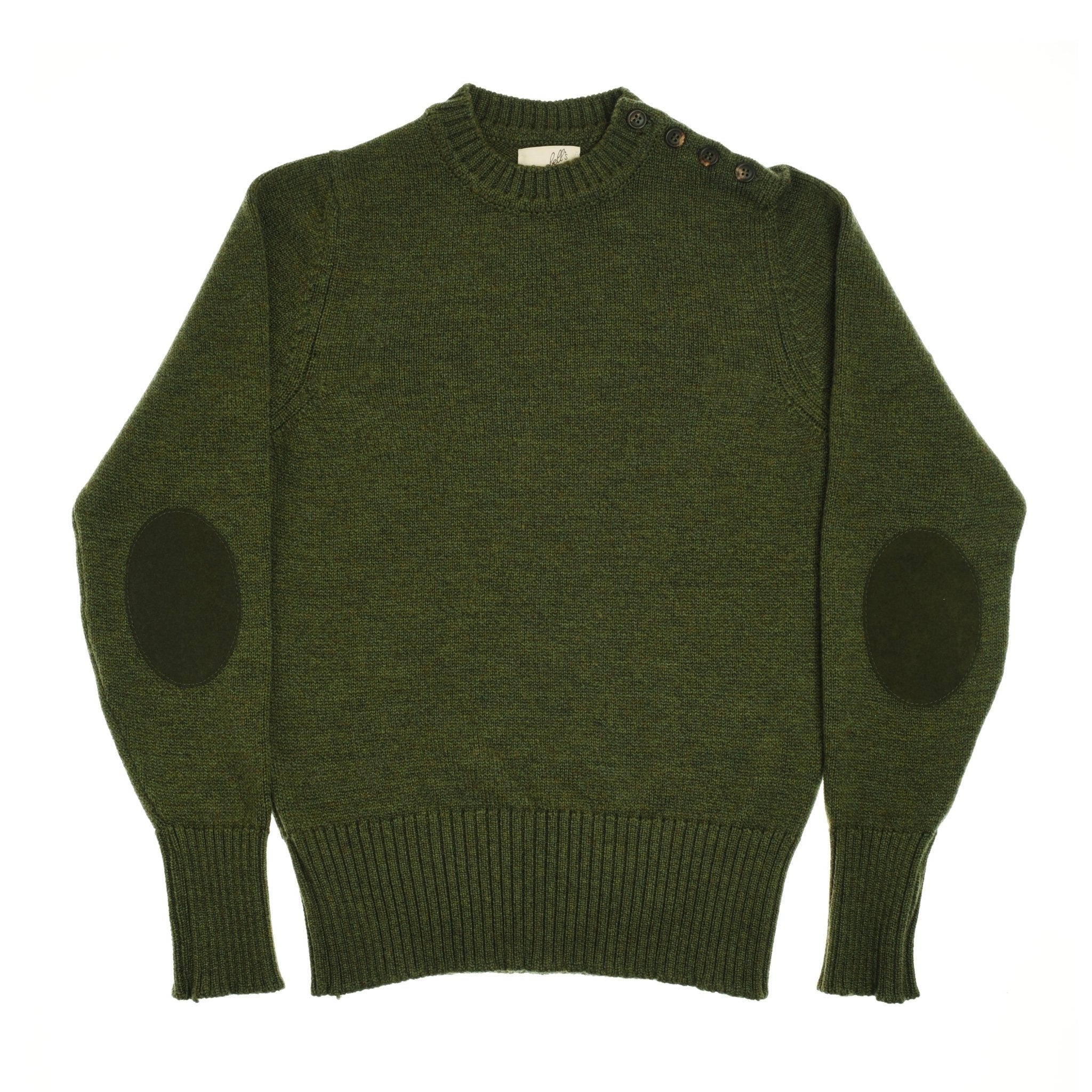 The Crew Neck Green Shooter Jumper by Campbells of Beauly features ribbed cuffs and hem, dark elbow patches, a crew neck, and three buttons on one shoulder—a classic Scottish Borders-inspired style in lambswool.