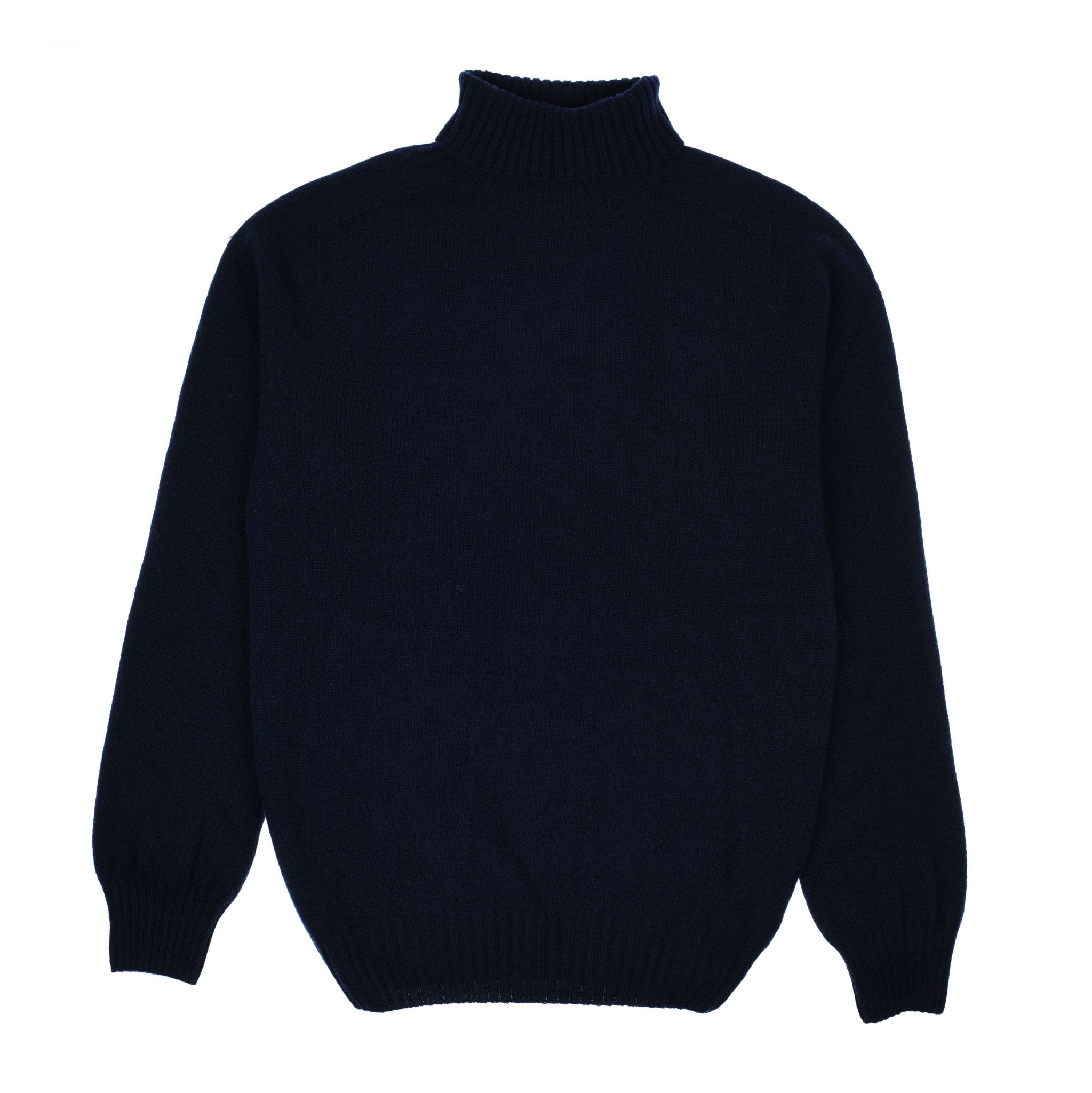 The Campbell's of Beauly Lambswool Roll Neck sweater in dark navy blue is laid flat on a white background. Featuring ribbed cuffs, hem, and neckline, this classic long-sleeved piece is perfect for layering.