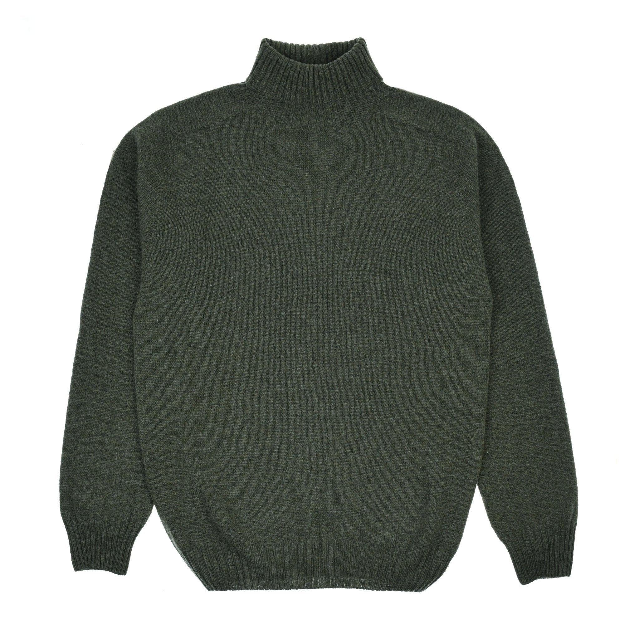 The Campbell's of Beauly Lambswool Roll Neck is a dark green, long-sleeve sweater in superfine lambswool with ribbed cuffs, hem, and collar—perfect for layering. Shown laid flat on a white background.
