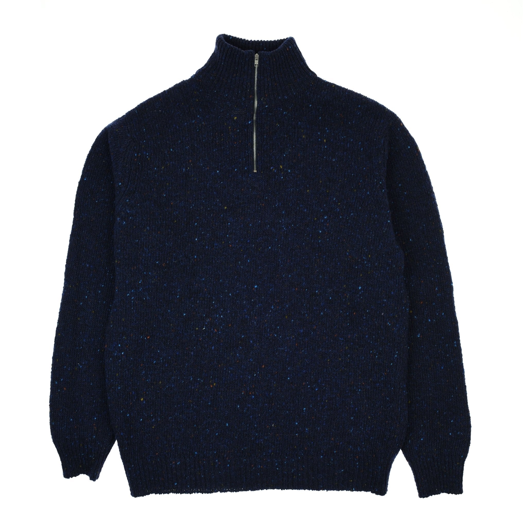 The Campbell's of Beauly Auld Stock Donegal Lambswool Zip Neck Jumper in dark blue features long sleeves, ribbed hem and cuffs, and a half-zip mock neck—an essential for any country wardrobe, shown laid flat on a white background.