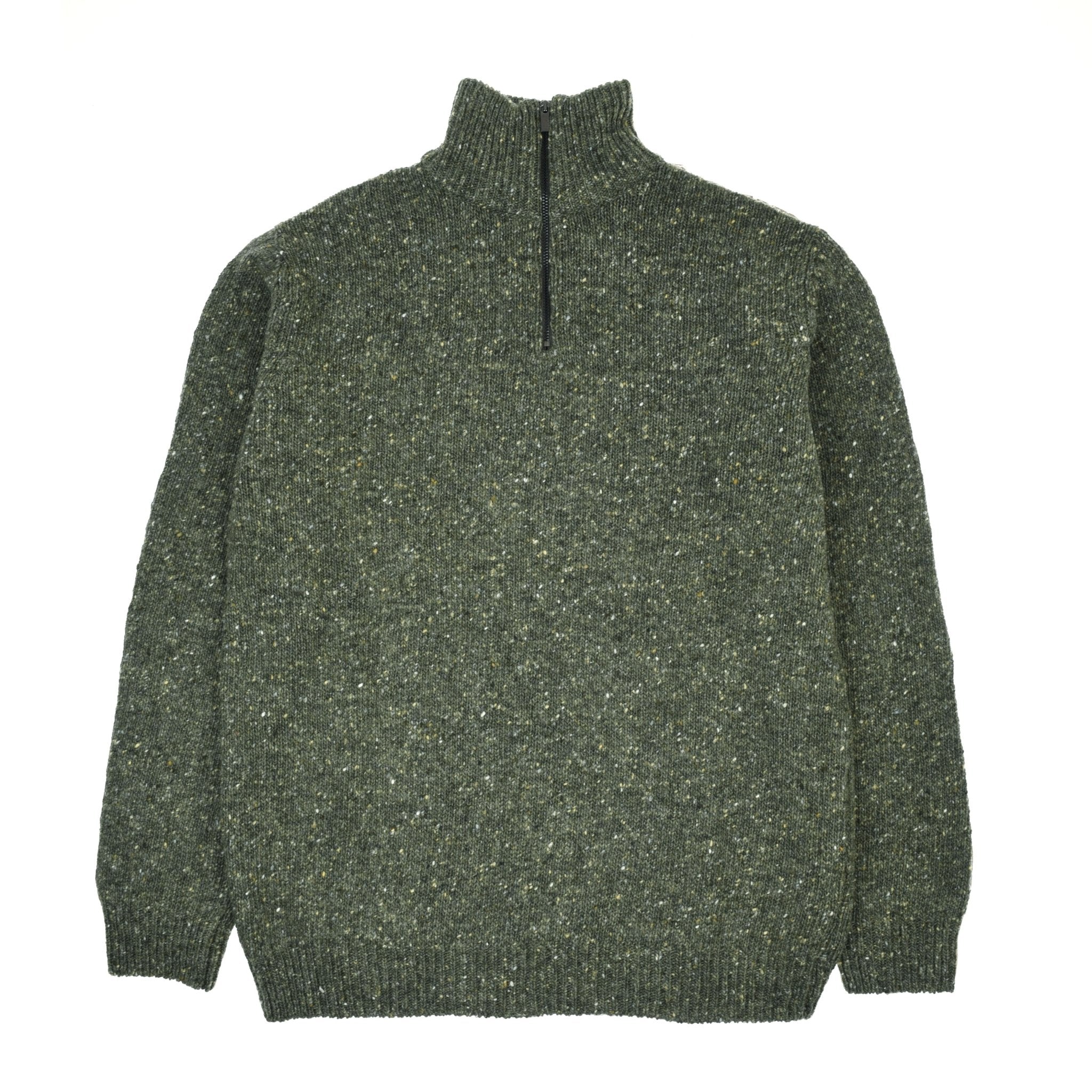 The Auld Stock Donegal Lambswool Zip Neck Jumper by Campbell's of Beauly features dark green speckled wool, a high collar with ¼ zip, and ribbed cuffs and hem—perfect for a country wardrobe. Shown laid flat on a white background.