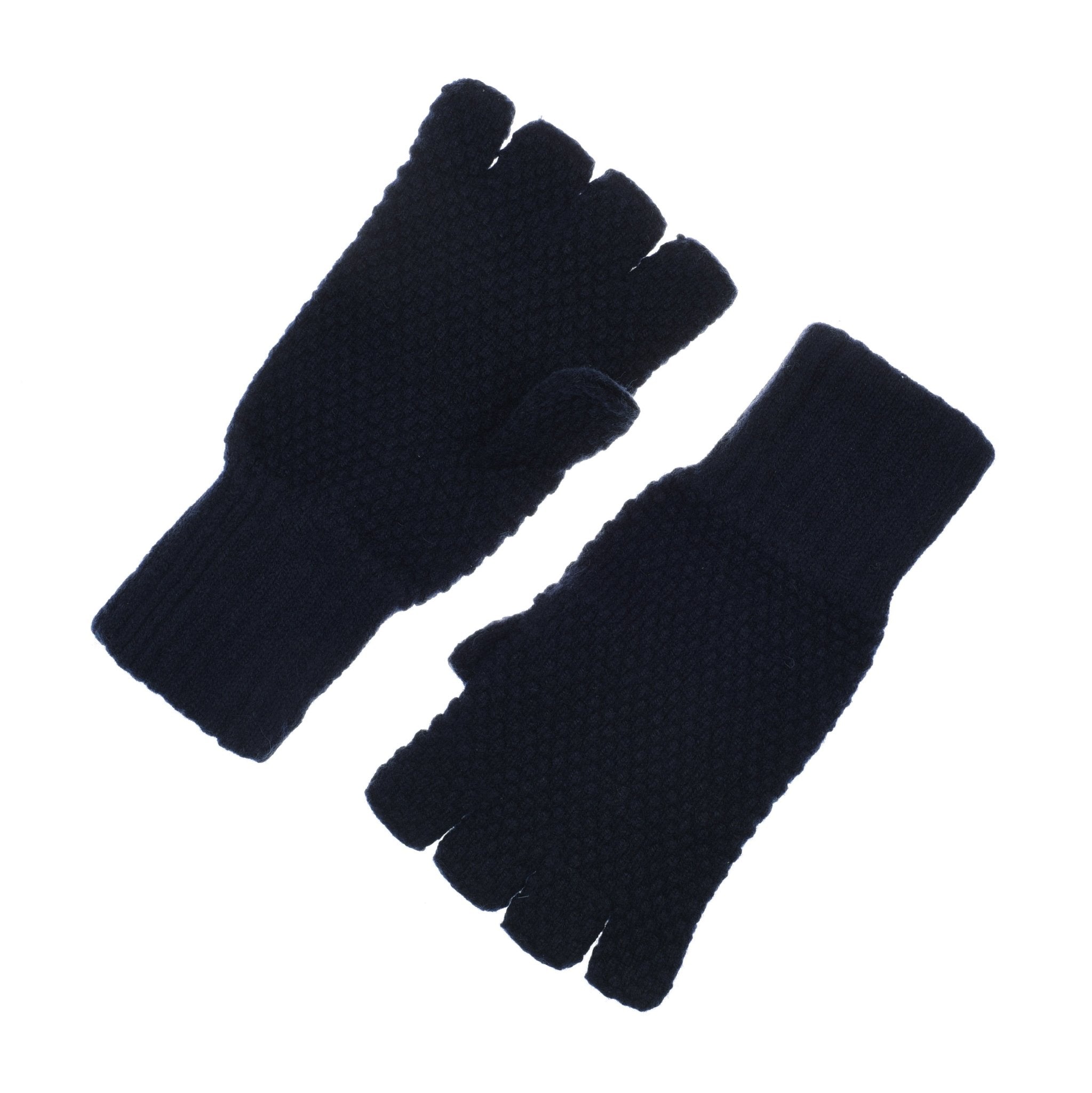 Campbell's of Beauly Moss Stitch Half-Finger Gloves—black, knitted lambswool gloves with ribbed cuffs, shown flat on a white background; the perfect winter essential.