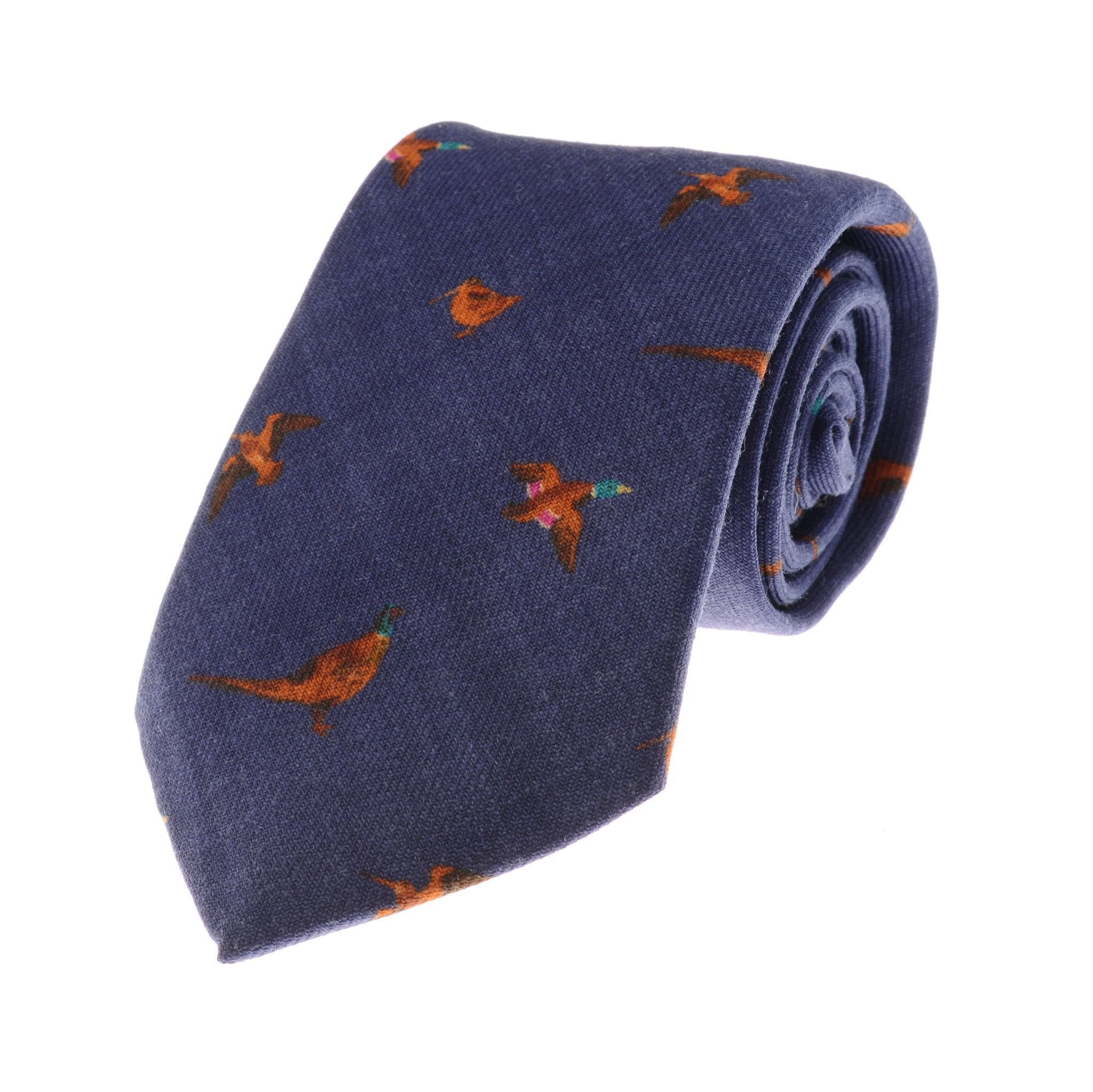 The Mixed Game Silk Tie by Campbells of Beauly in navy features a charming pattern of small, colorful ducks—ideal for countryside style and the discerning country dresser.