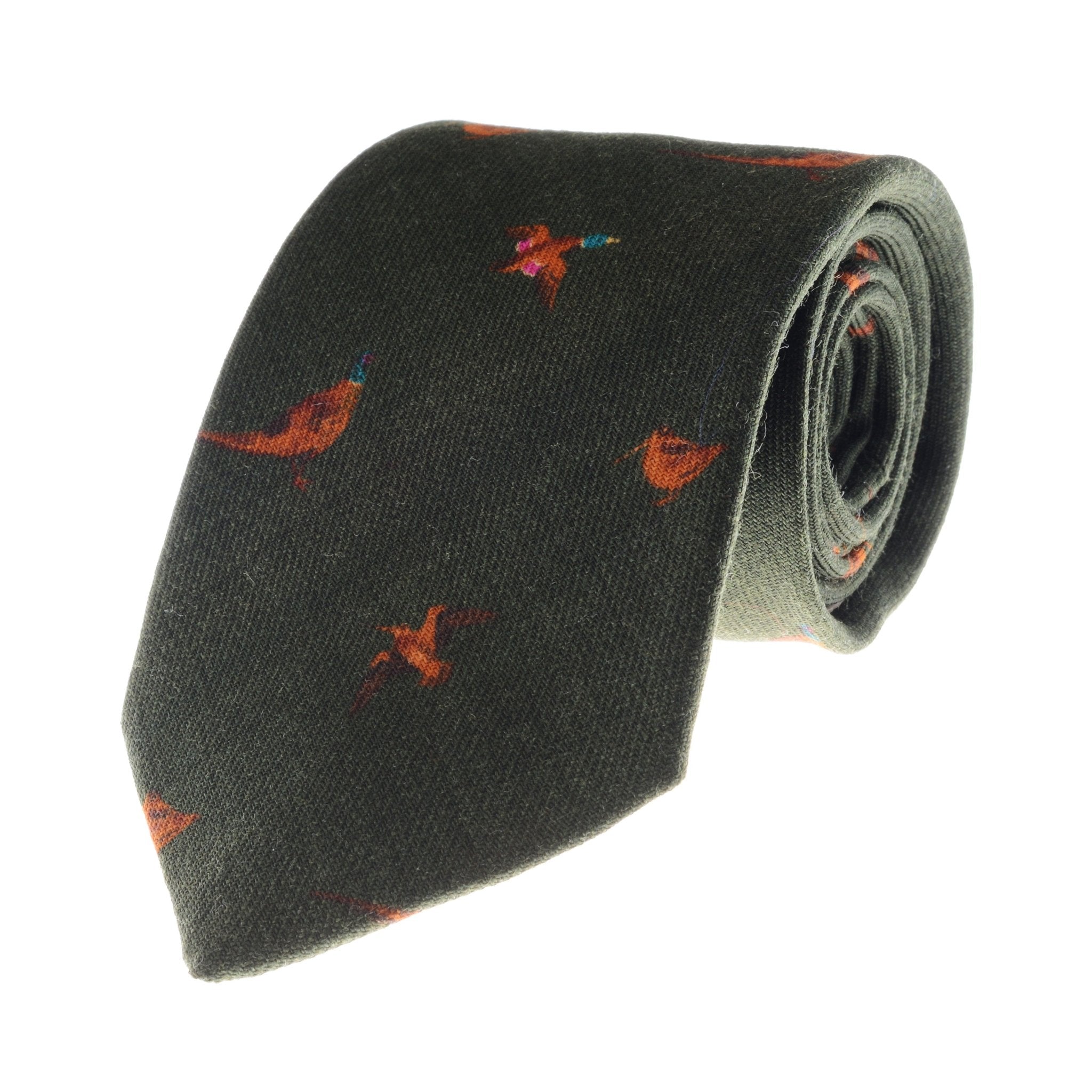 A rolled-up green Mixed Game Silk Tie by Campbells of Beauly, featuring a subtle pattern of small colorful birds, is displayed on a white background—ideal for the discerning country dresser.