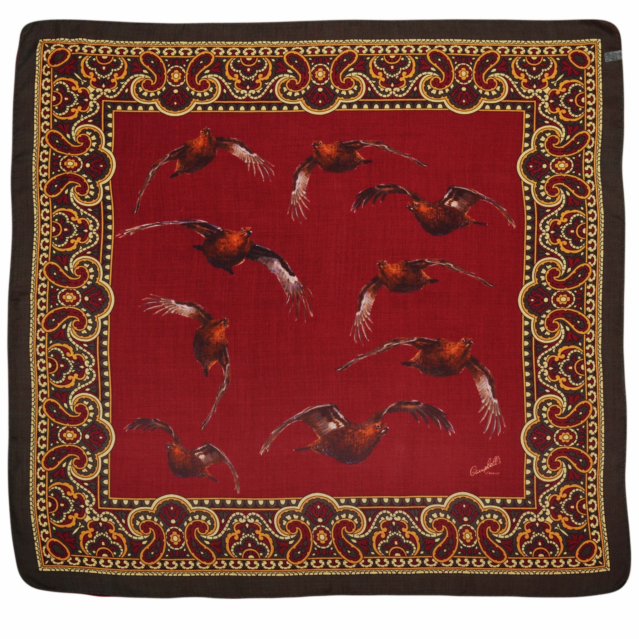 The Wool & Silk Scarf by Campbells of Beauly features a red design with detailed paisley borders and brown game bird illustrations, showcasing refined Italian craftsmanship.