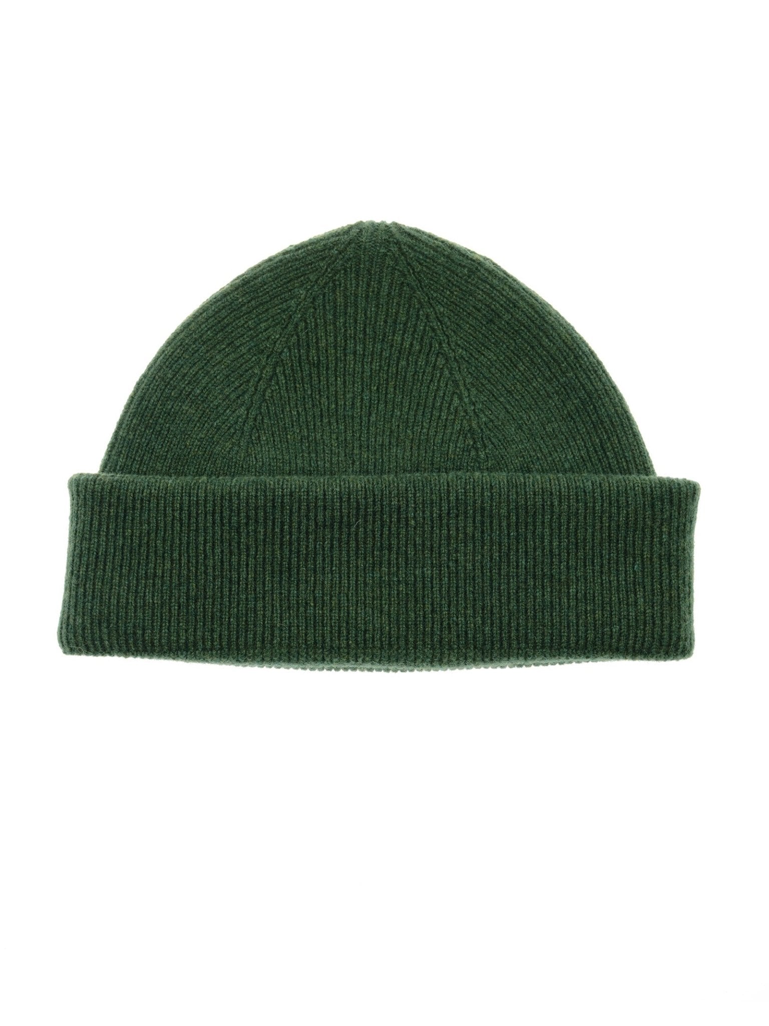The Watchman Hat by Campbell's of Beauly is a green lambswool beanie with a folded brim, highlighting classic Scottish knitwear style—perfect for your winter accessories. Shown on a white background.
