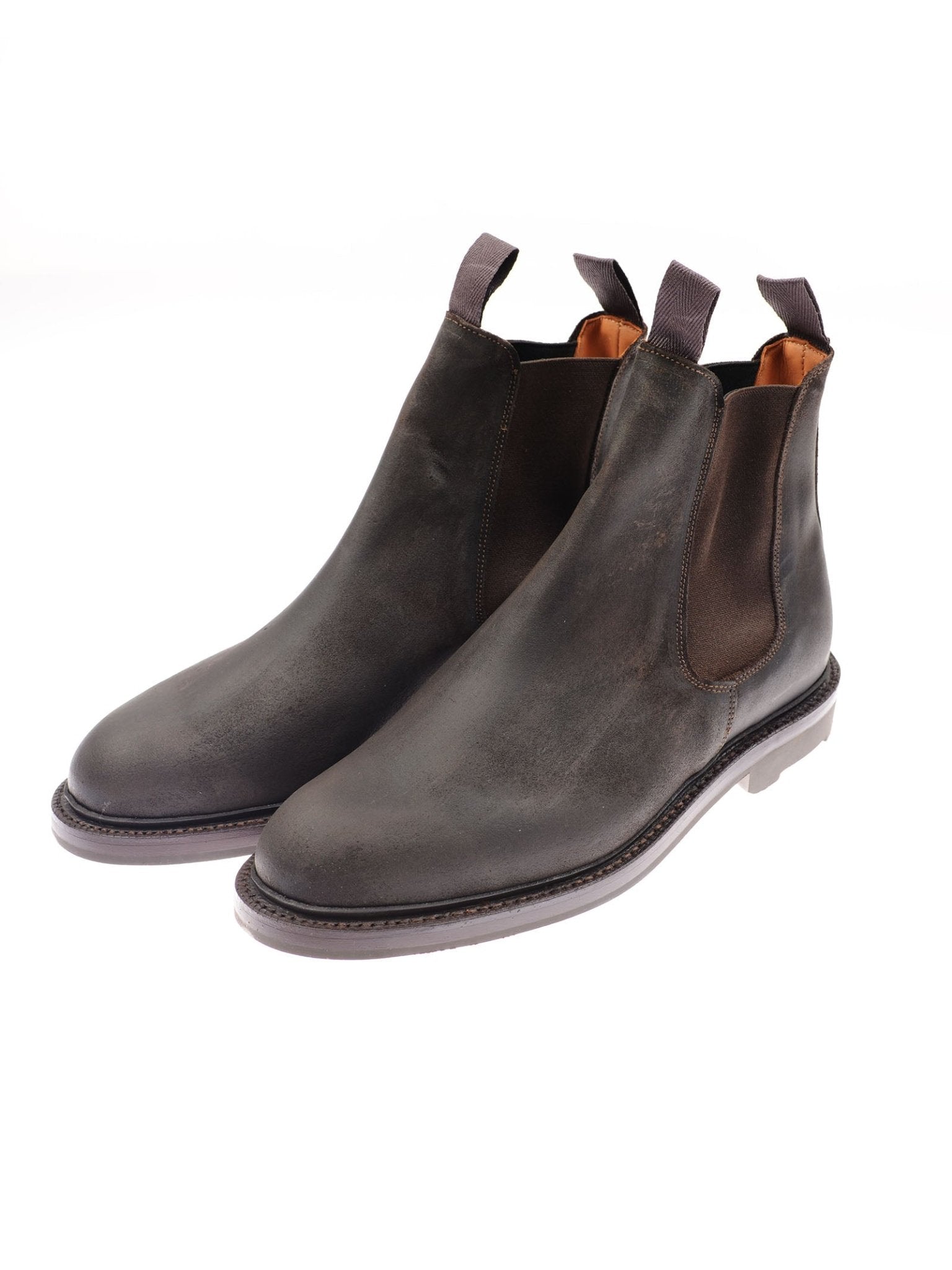 Lowlander Boots by Campbell's of Beauly: dark brown leather Chelsea boots, handmade in England with elastic side panels, back pull tabs, and low heels. Shown on a white background.