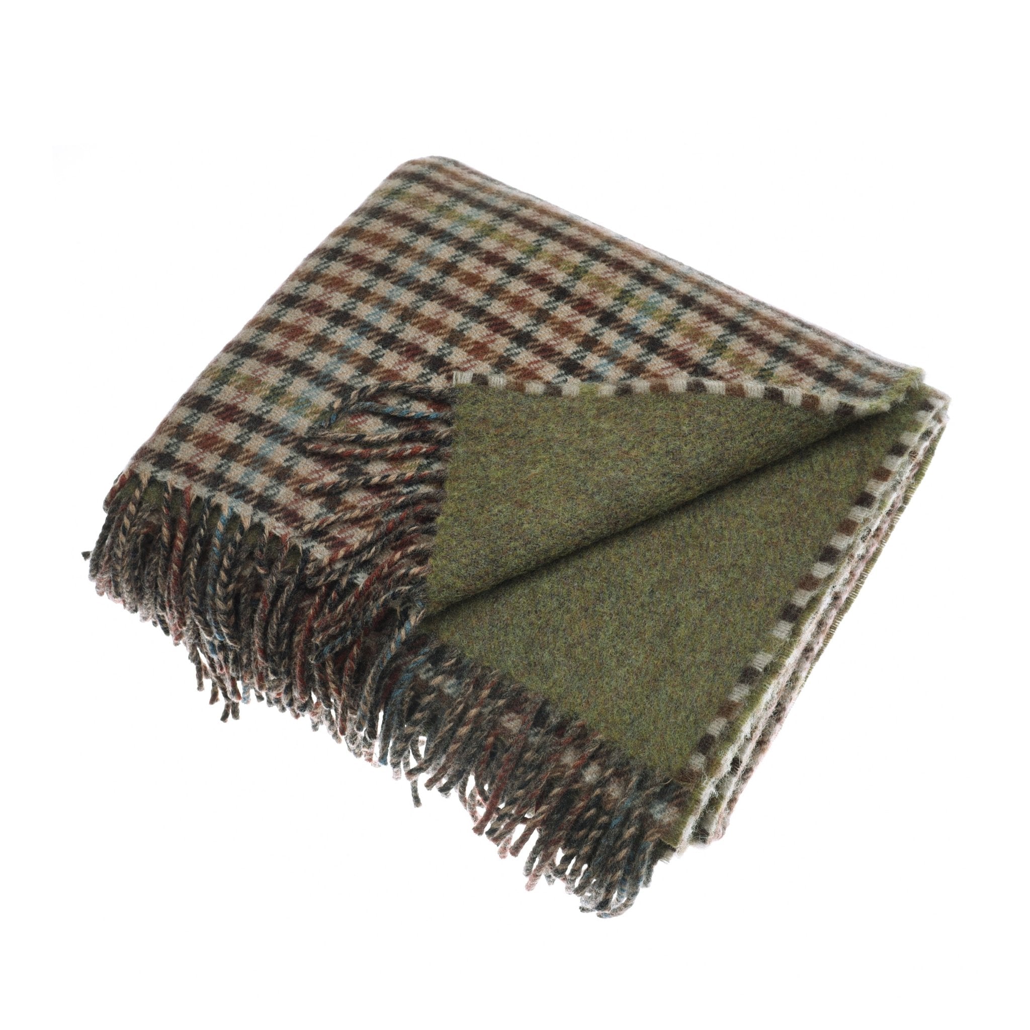 The Double-Faced Lambswool Throw by Campbell's of Beauly features a checkered brown, green, and cream pattern with fringed edges and a solid green underside shown on the flipped corner.