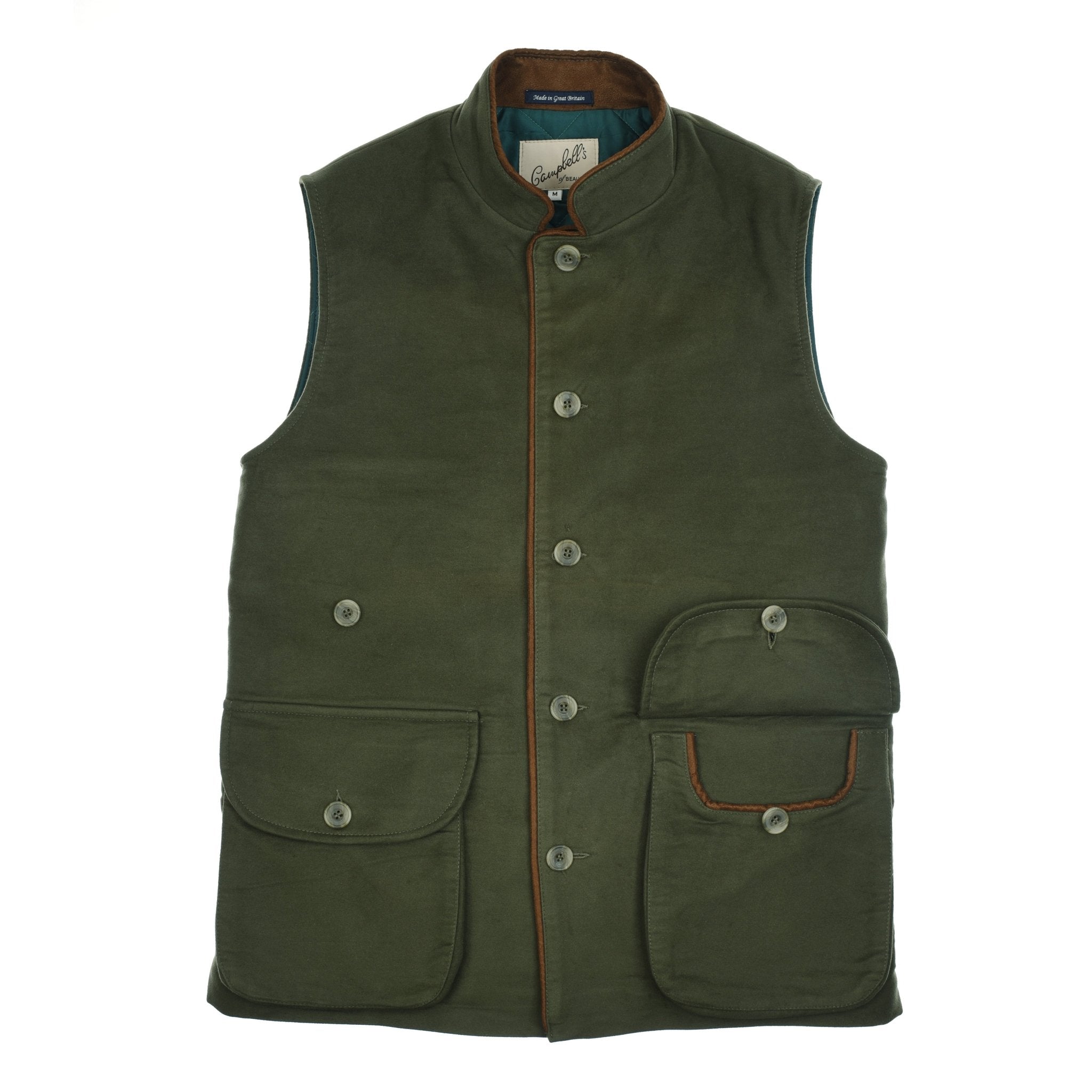 The Auld Stock Field Nehru Gilet by Campbell's of Beauly is an olive, sleeveless vest with a stand collar, button-up front, three front pockets—including one with flap and zipper—brown trim, and a soft British moleskin finish for timeless style.