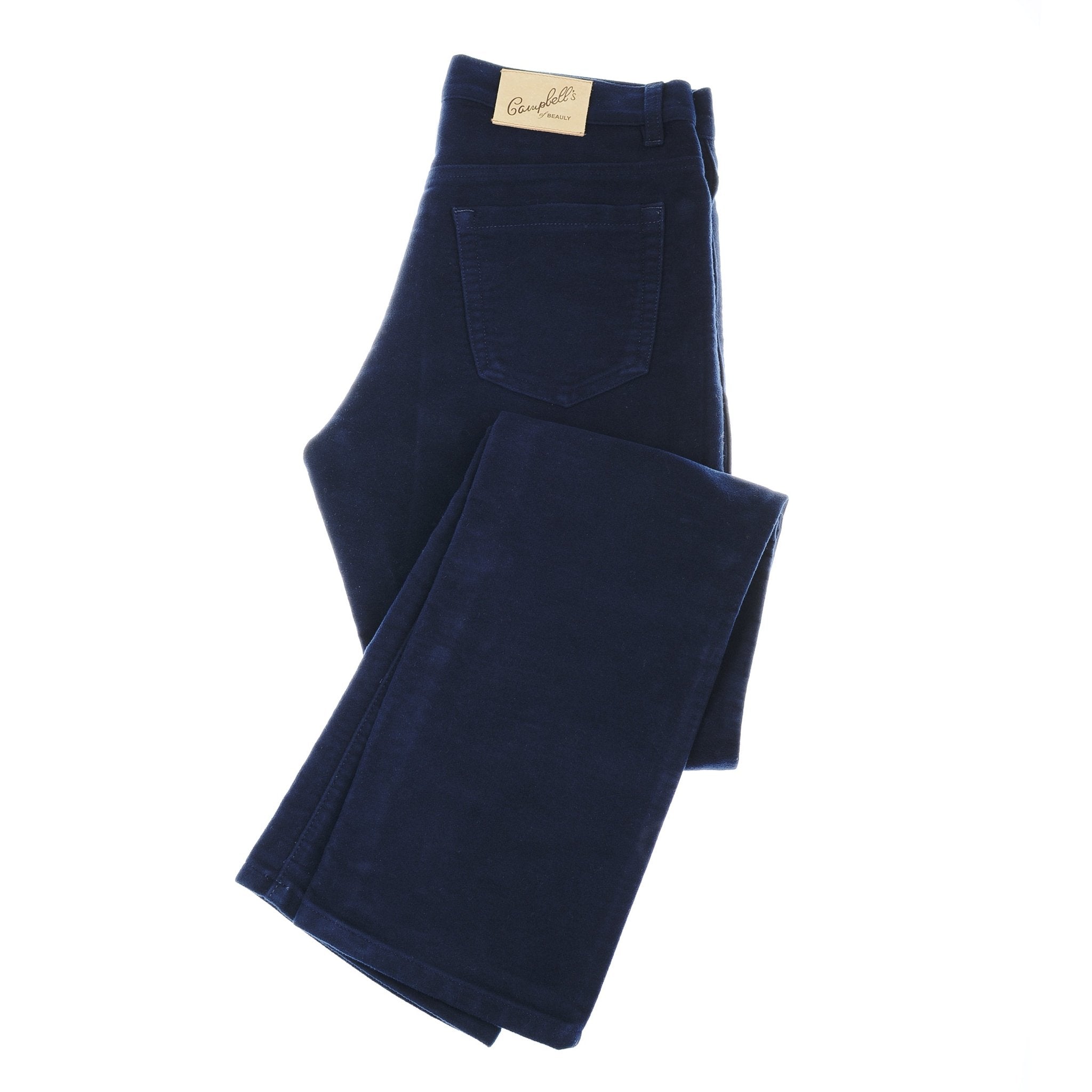 Navy blue folded Moleskin Jeans with a tan leather patch on the waistband featuring Campbell's of Beauly in cursive and block lettering.