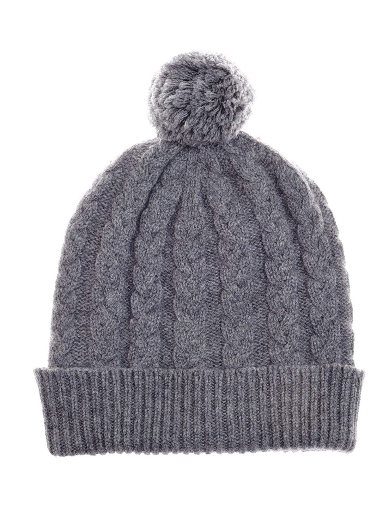 The Chunky Cable Cashmere Hat with Pom Pom by Campbell's of Beauly is a gray beanie featuring a ribbed fold-over cuff, cozy cable knit design, and stylish pom-pom—perfect for warmth and winter style.