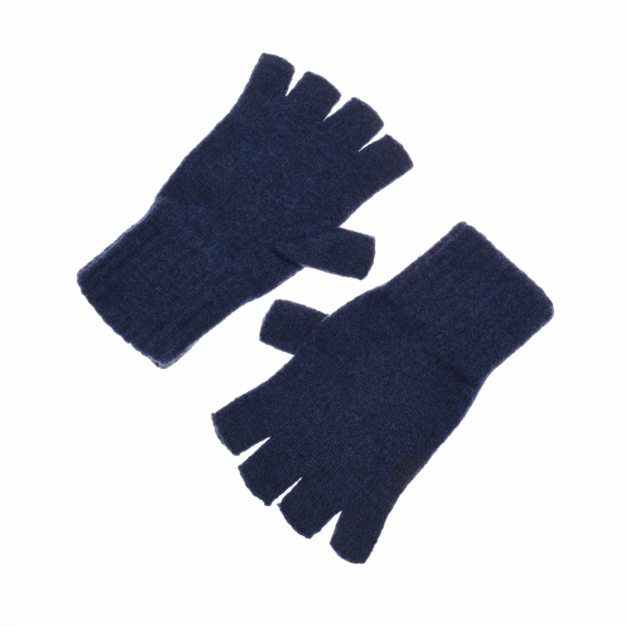 A pair of dark blue Lambswool Half-Finger Gloves from Campbell's of Beauly are laid flat on a white background, palms down—displaying fine craftsmanship from the Scottish Borders.