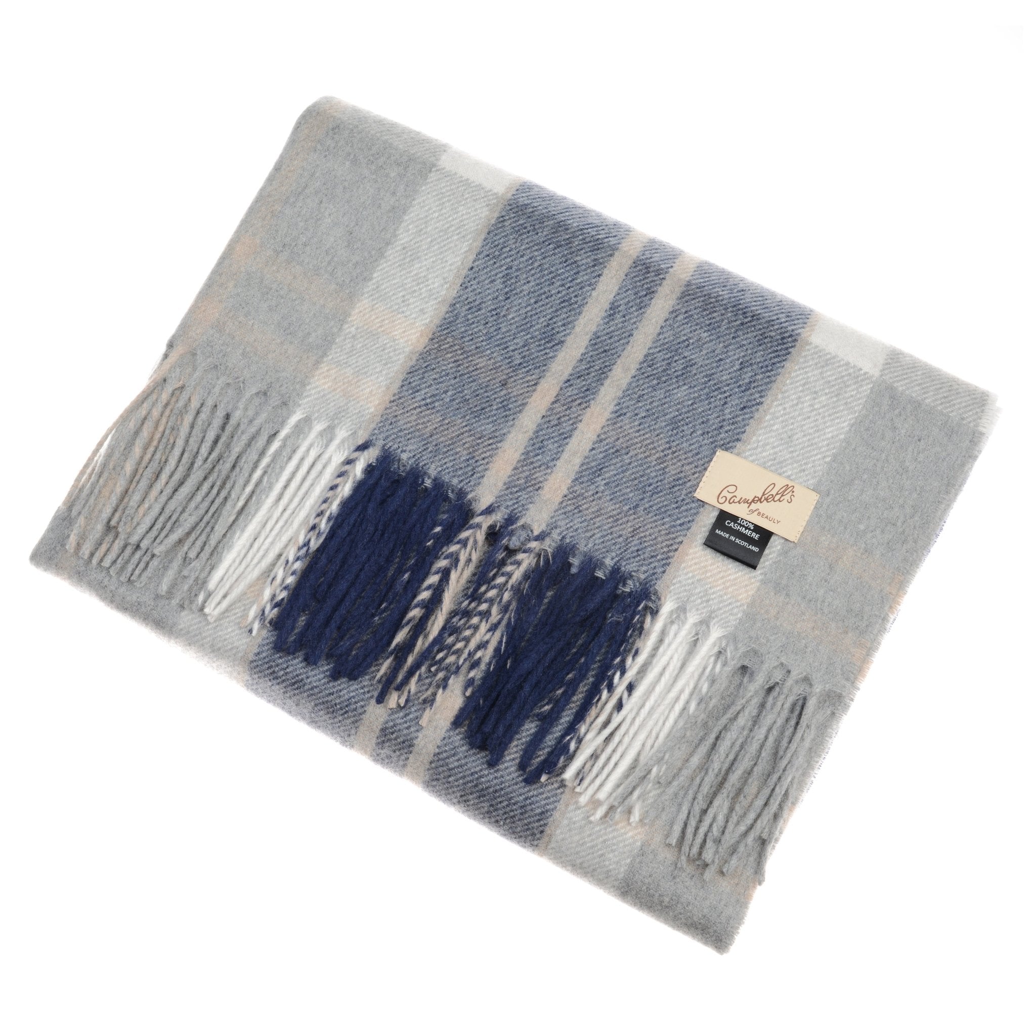 A folded wide cashmere tartan scarf in blue, gray, and white plaid with fringed edges features a Campbell's of Beauly label.