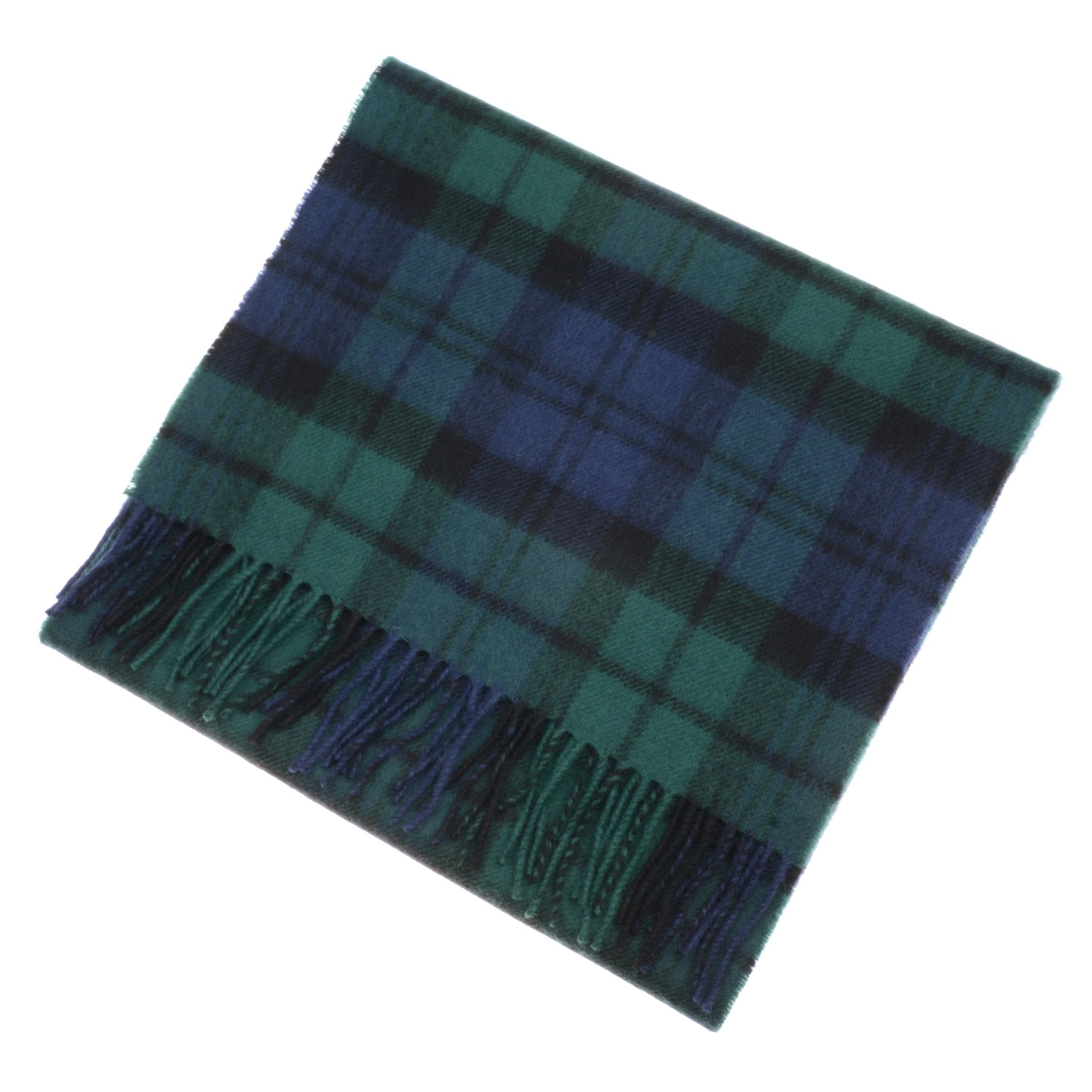 The Unisex Cashmere Tartan Scarf by Campbell's of Beauly features a green and navy tartan plaid with fringed ends, inspired by the Scottish Borders, shown folded on a white background.
