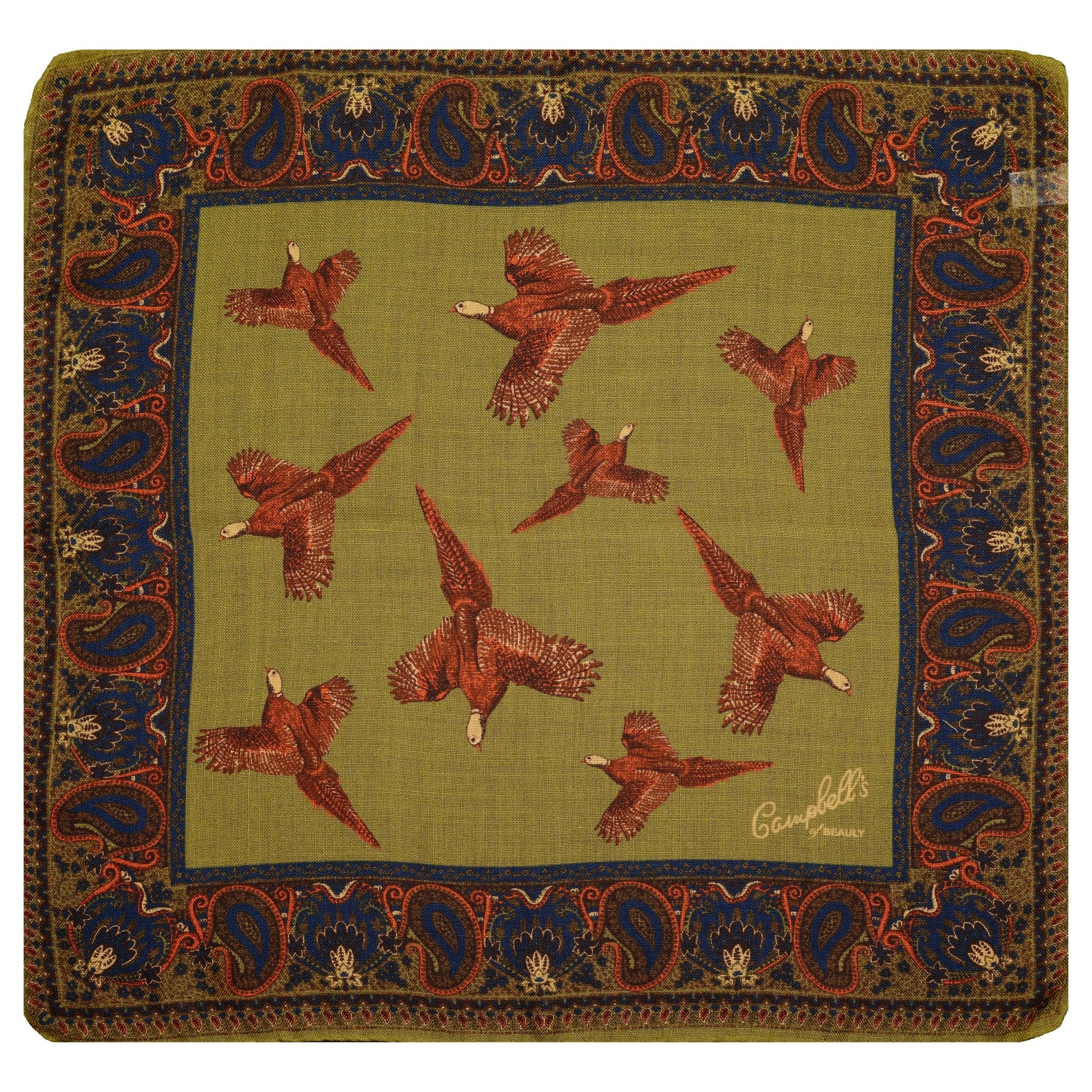The Wool & Silk Hank by Campbells of Beauly features an olive center with eight red birds in flight, hand-rolled edges, and a blue and red paisley border. The lower right corner is signed Campbells.