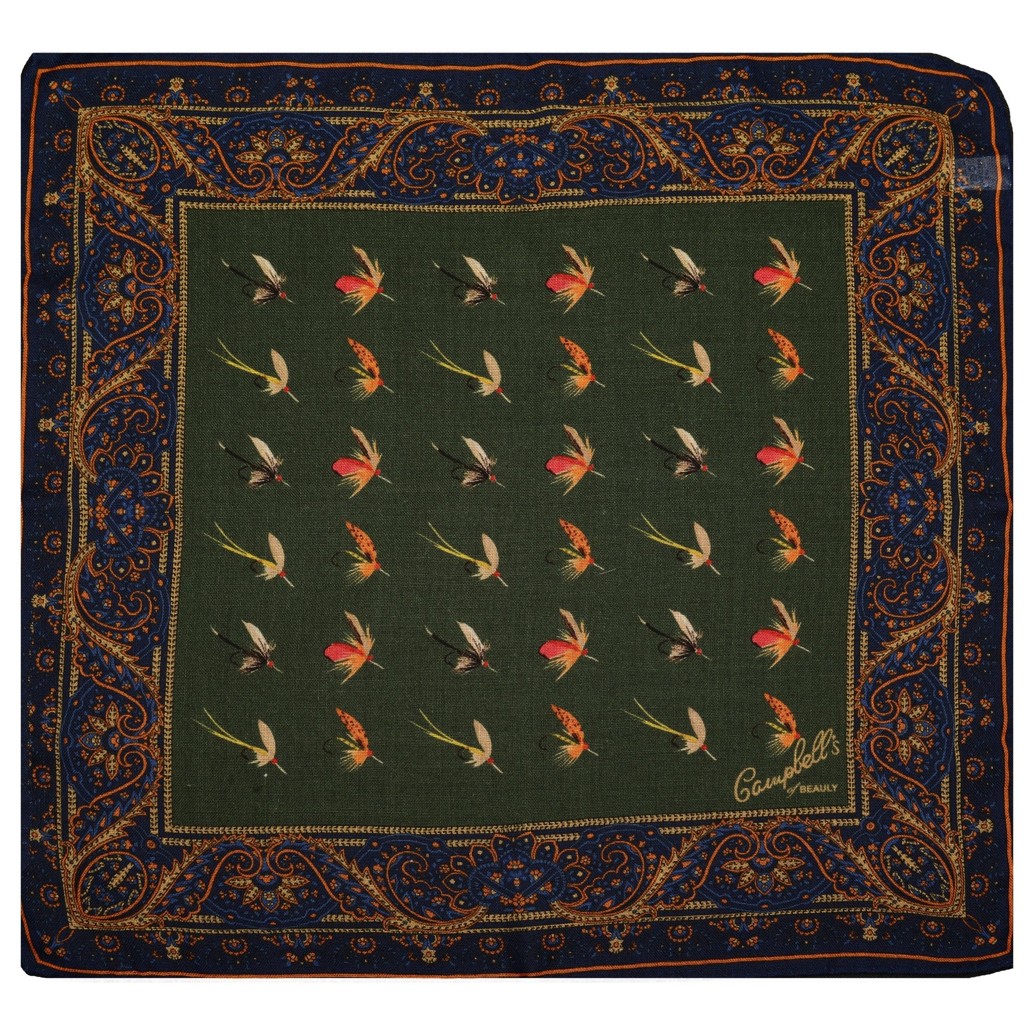 The Campbells of Beauly Wool & Silk Hank is a green pocket square featuring colorful fishing flies and a blue and gold paisley border, crafted from wool and silk with hand-rolled edges and the gold Campbells logo at the corner.