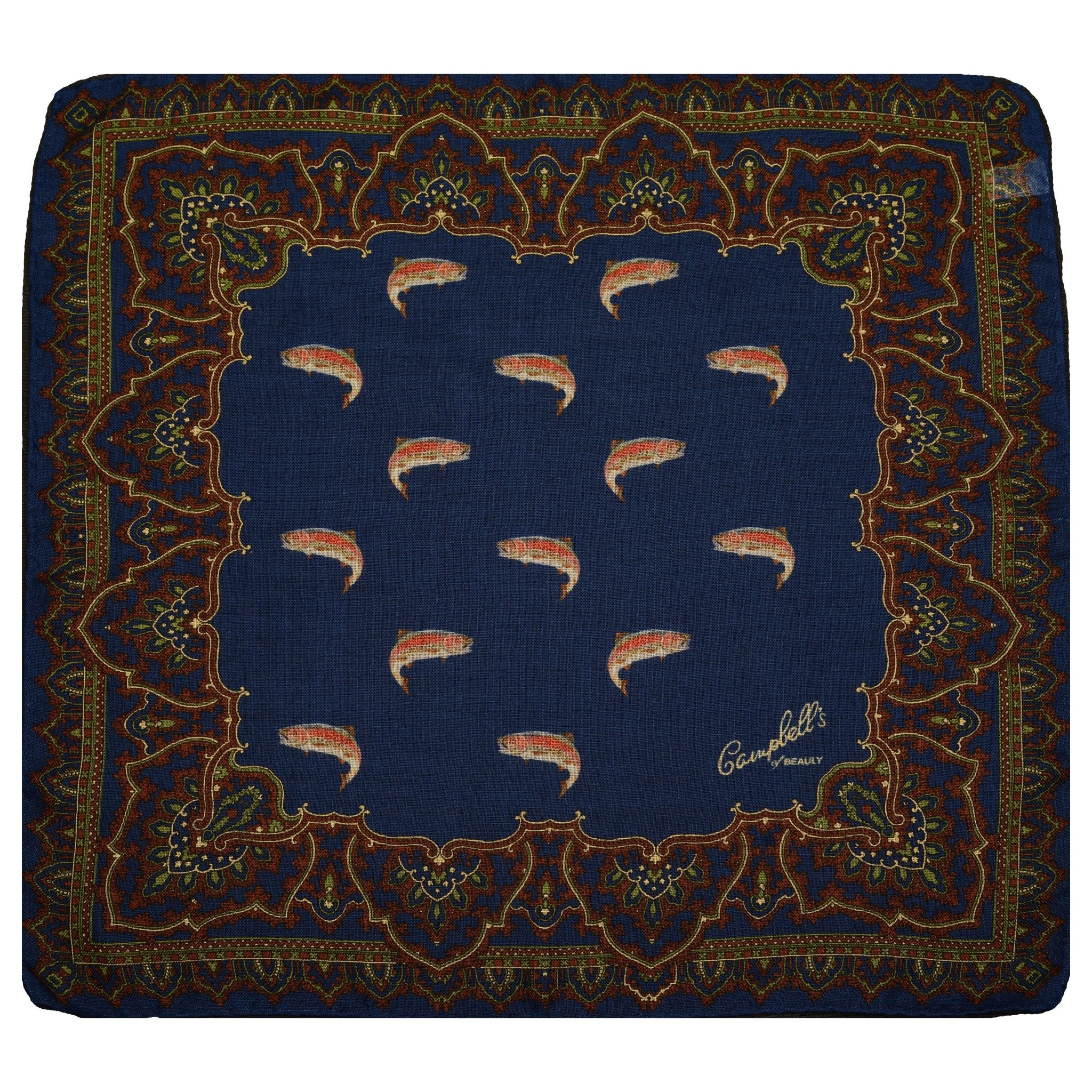 A luxury accessory, the Wool & Silk Scarf by Campbell’s of Beauly features an ornate multicolored paisley border, fish illustrations in the center, and “Campbell’s of Beauly” in gold script on one corner.