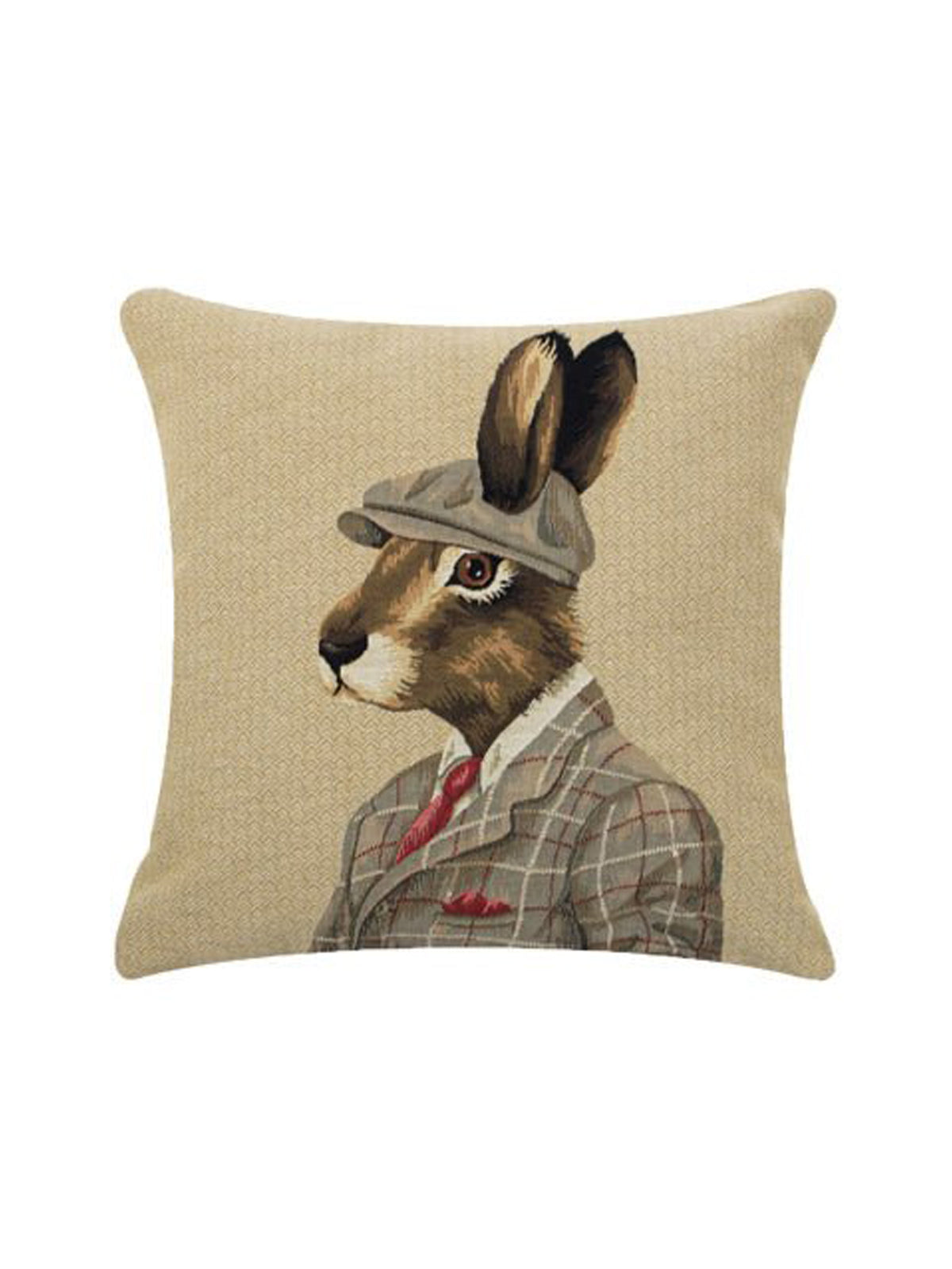 The Dapper Hare Cushion Cover by Campbell’s of Beauly showcases a charming illustration of a rabbit in a plaid suit, red tie, and flat cap against a beige background—perfect as a decorative or needlework cushion cover to add character to any space.