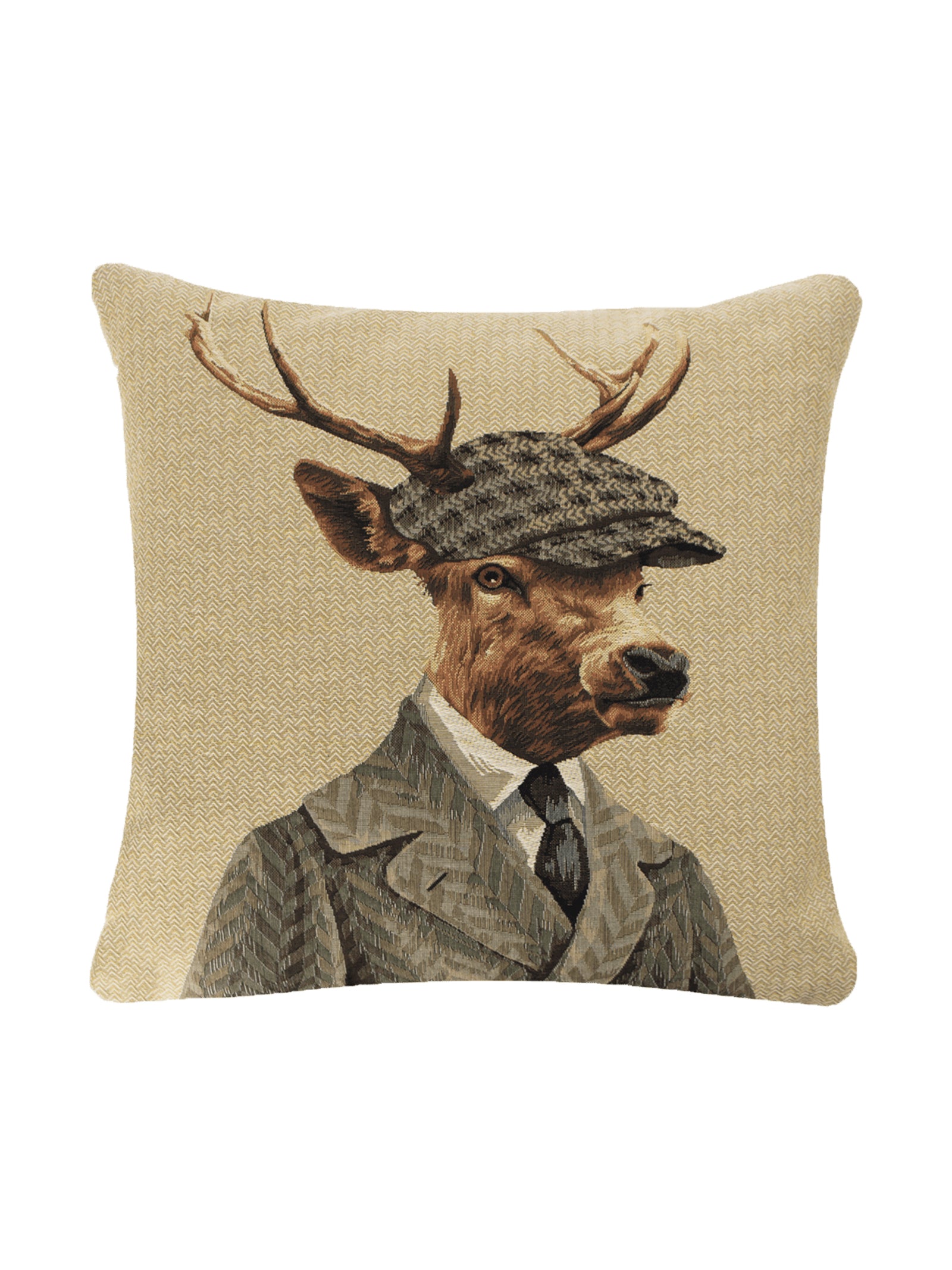The Dapper Stag Cushion Cover by Campbell’s of Beauly showcases a whimsical illustration of a stag dressed in a suit, tie, and flat cap, adding vintage charm and playful sophistication to any room.