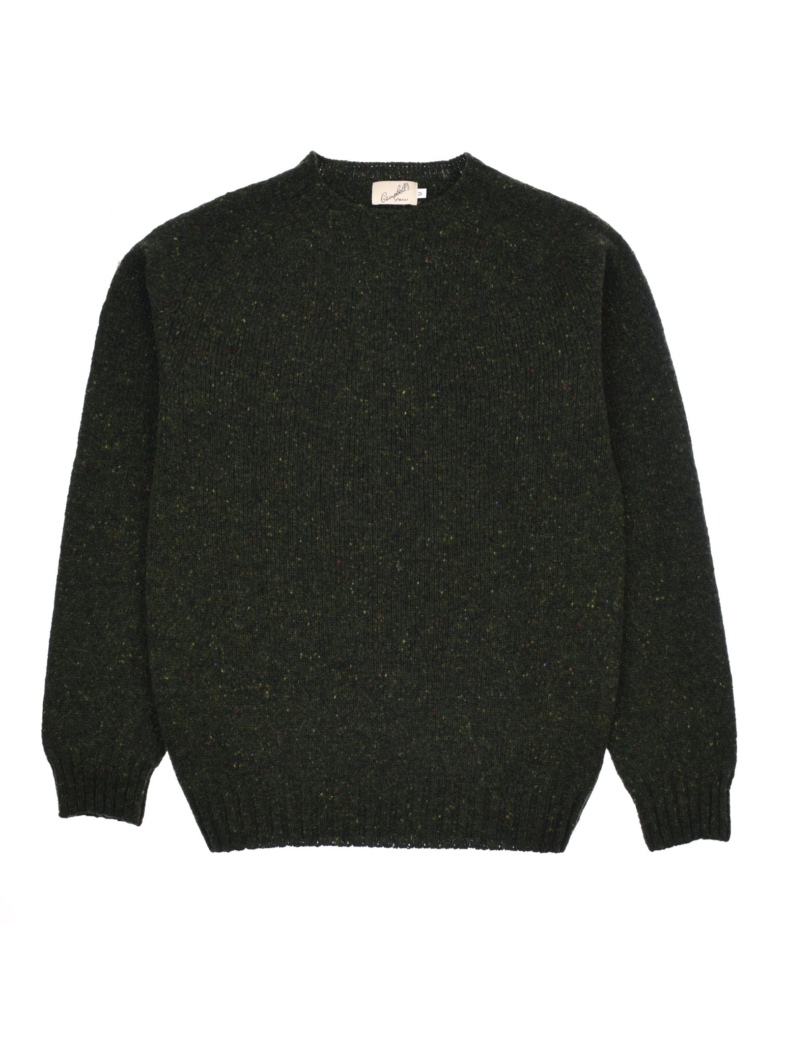 A dark green, long-sleeved Donegal Lambswool Crew Neck Jumper by Campbell’s of Beauly is laid flat against a white background. Made in Scotland from soft lambswool, the jumper features ribbed cuffs, hem, and neckline, with a subtle speckled texture throughout the fabric.