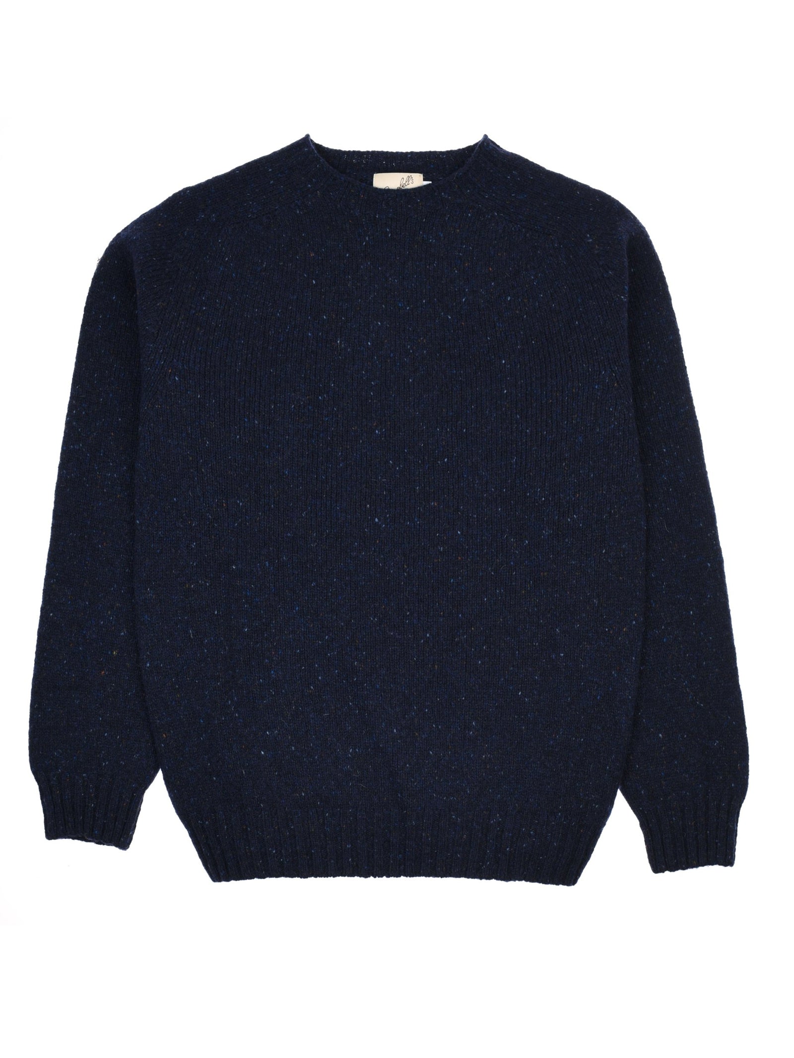 A navy blue, long-sleeve Donegal Lambswool Crew Neck Jumper by Campbell’s of Beauly is laid flat on a white background. Made in Scotland from soft lambswool, the jumper features a ribbed hem, cuffs, and neckline, with a slightly textured knit pattern.