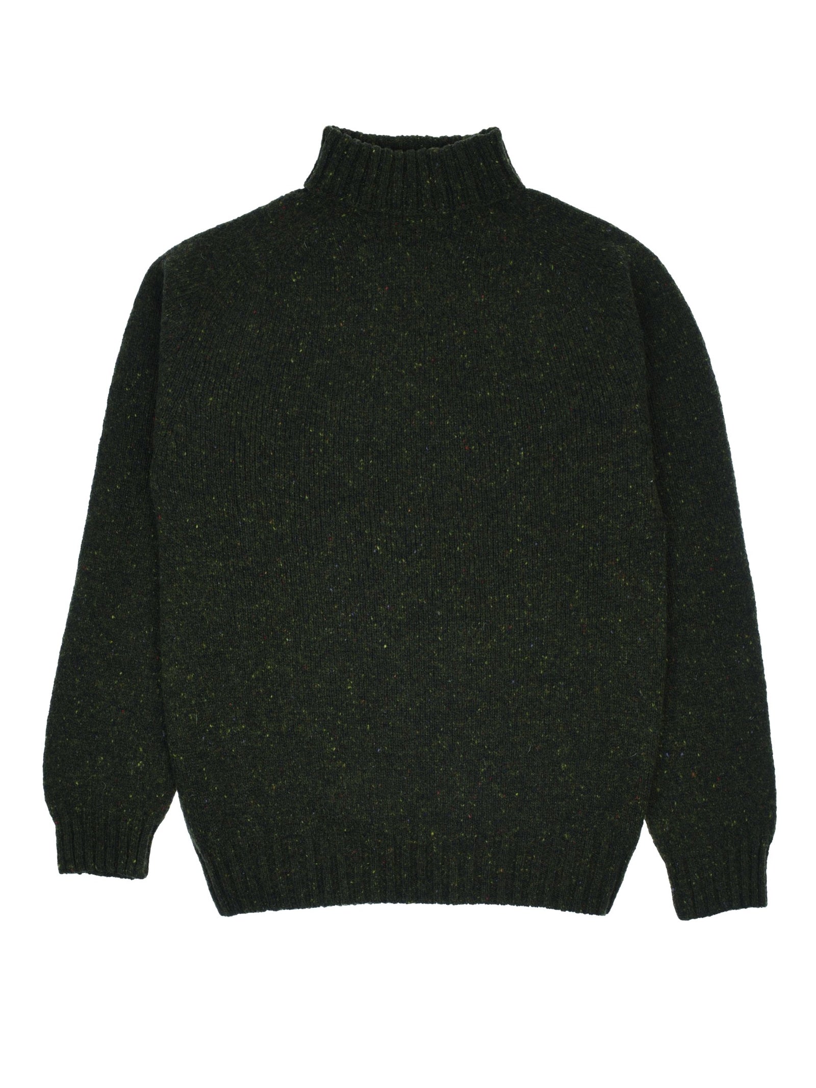 The Campbell’s of Beauly Donegal Lambswool Roll Neck, in a rich dark green hue, is laid flat to showcase its ribbed cuffs, collar, and hem. Crafted from luxurious Donegal lambswool with long sleeves and a high roll neck, this sweater is the ultimate winter staple.