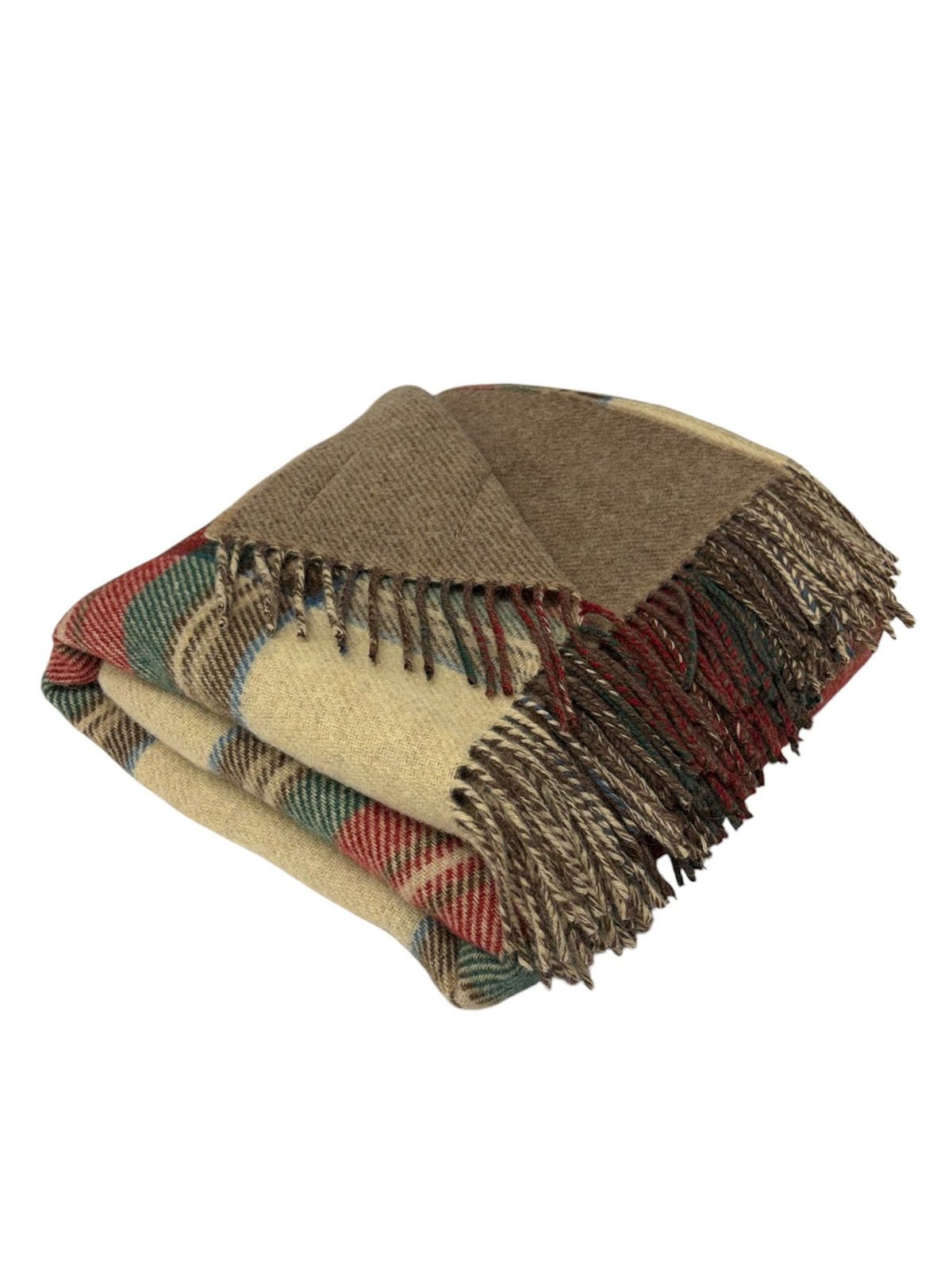 A folded Campbell’s of Beauly Double-Faced Tartan Throw with a red, green, and cream check pattern on one side, a solid brown reverse, and fringed edges.