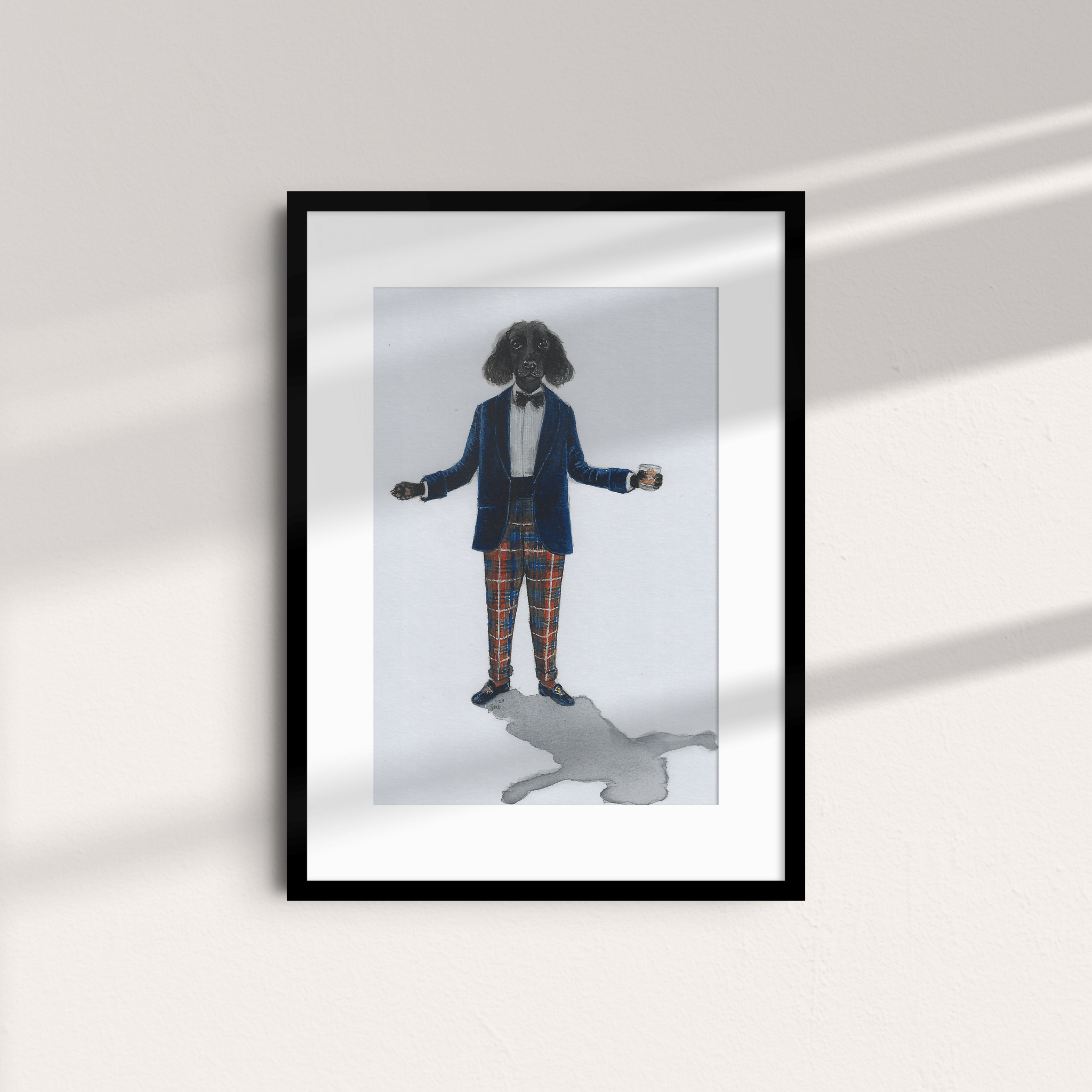 The Evening Wear Unframed Print by Campbells of Beauly features a playful dog in a blue blazer, white shirt, bow tie, and plaid pants on a light wall—an artwork inspired by Sophie Murrays style.