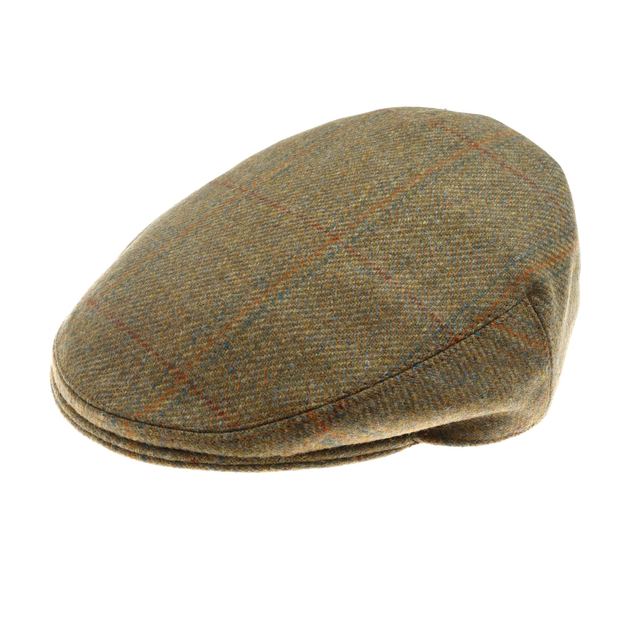 The Auld Stock Conon Cap by Campbell's of Beauly is a brown British tweed flat cap with a subtle checkered pattern, displayed from a side angle on a white background.