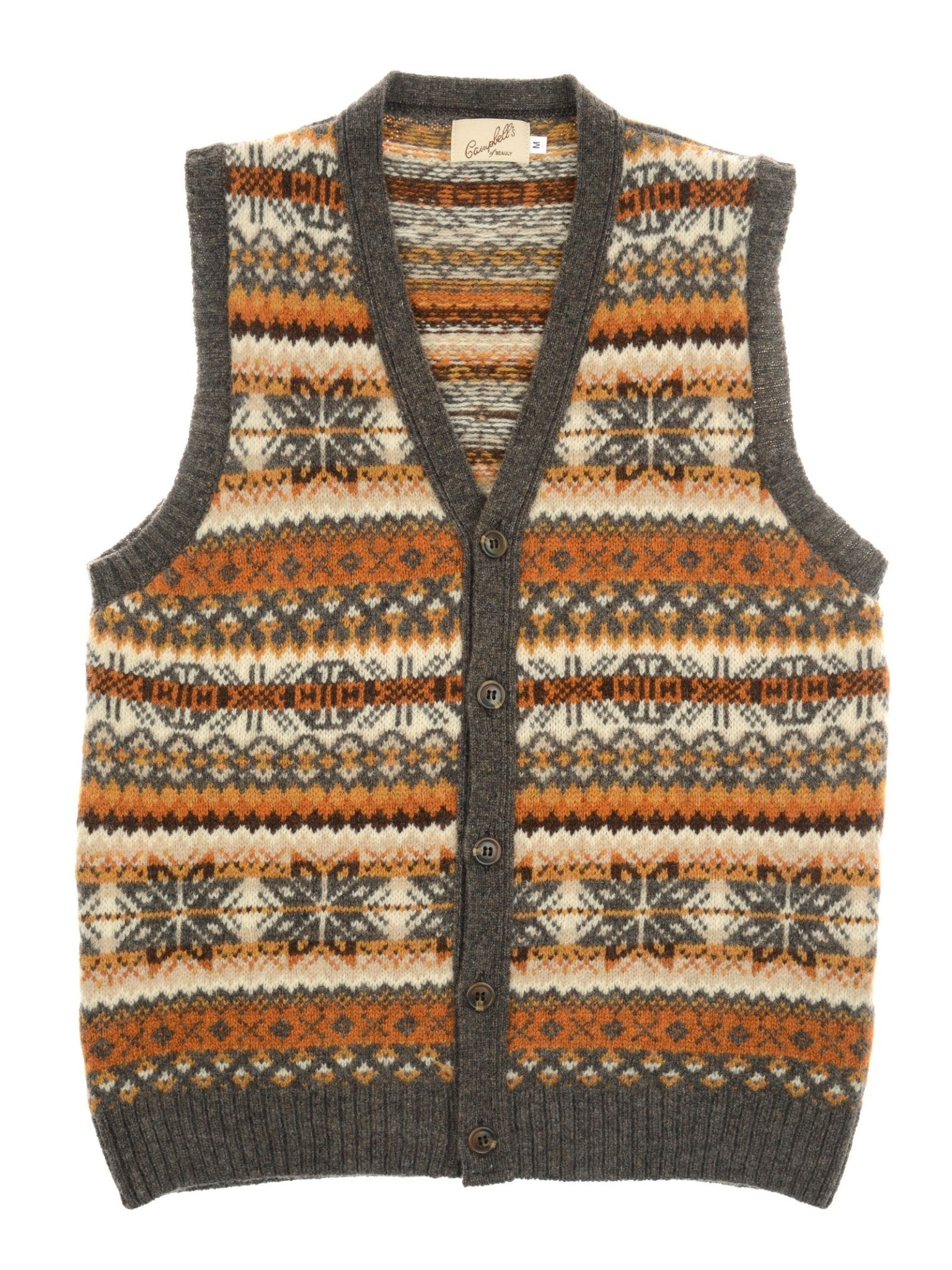 The Campbell's of Beauly Fairisle V-Neck Waistcoat is a sleeveless, button-up cardigan in soft Shetland wool, featuring a geometric Fair Isle pattern in gray, orange, beige, and brown.