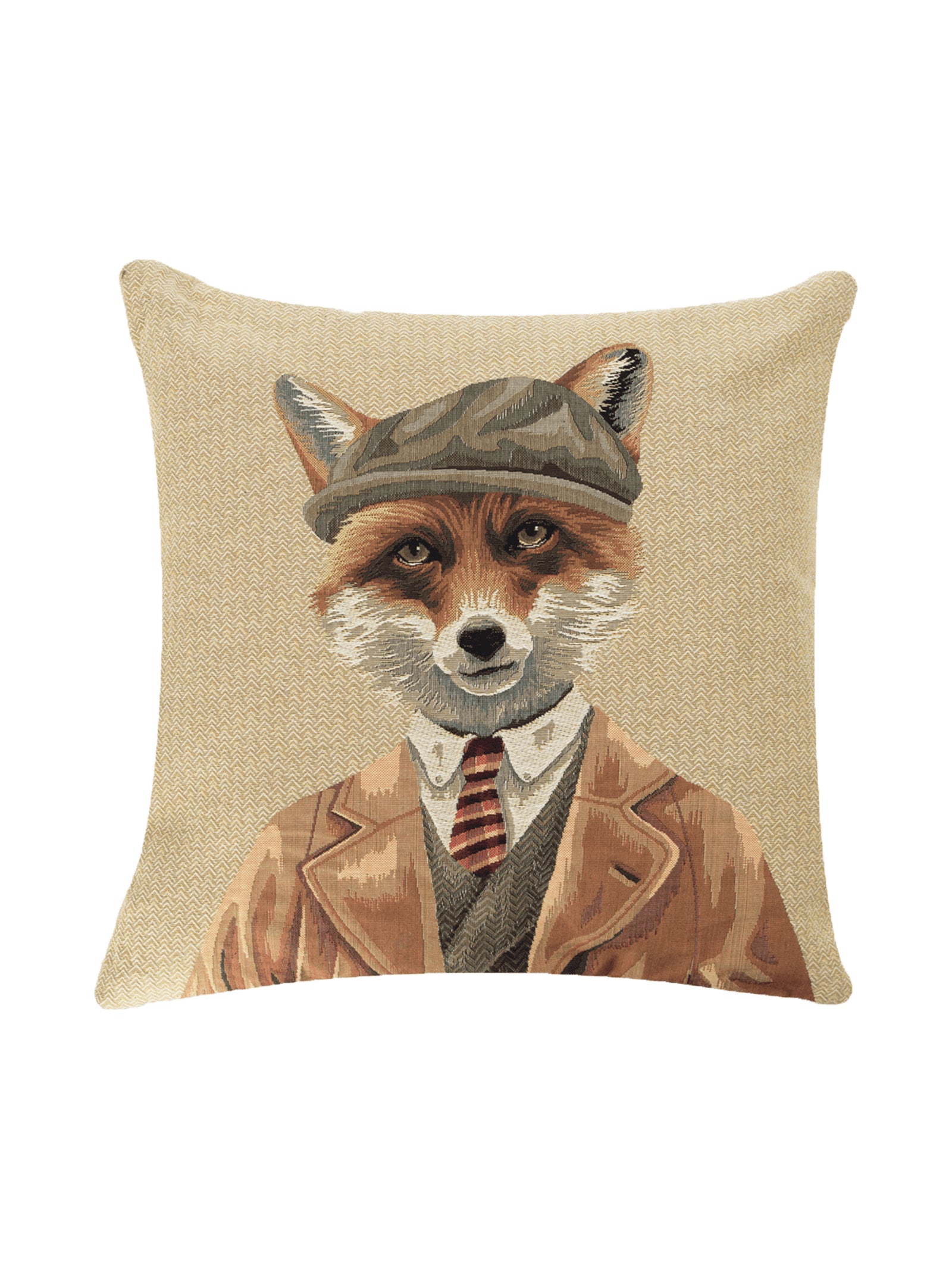 A decorative Campbell’s of Beauly Fantastic Mr Fox Cushion Cover featuring an illustration of a fox dressed in a brown suit, tie, vest, and flat cap against a light beige background.