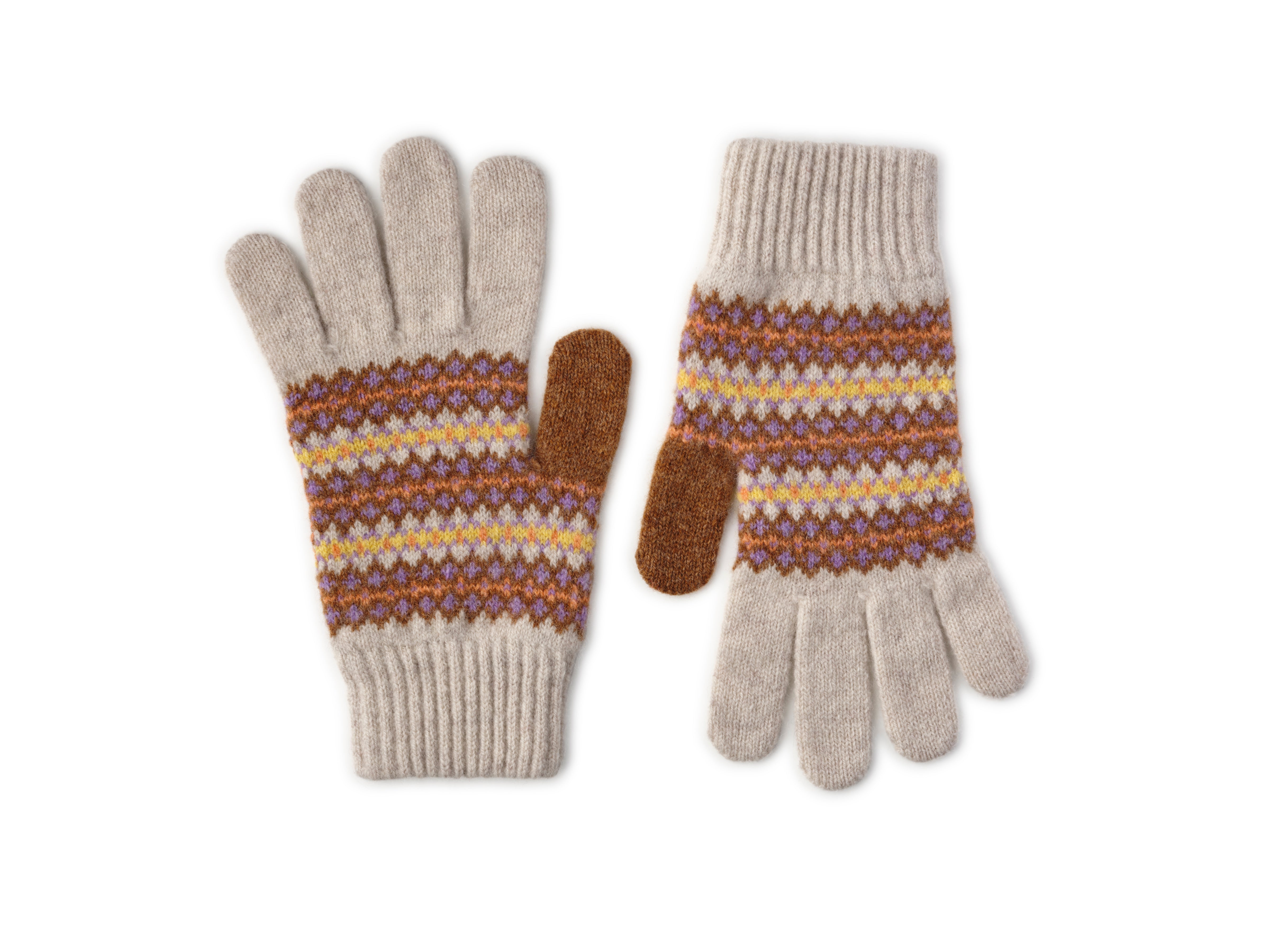 A pair of Campbell’s of Beauly Fairisle Gloves in cream, featuring subtle stripes in brown, yellow, and purple with a classic Fairisle pattern. Each glove has a brown thumb and is displayed flat on a white background.