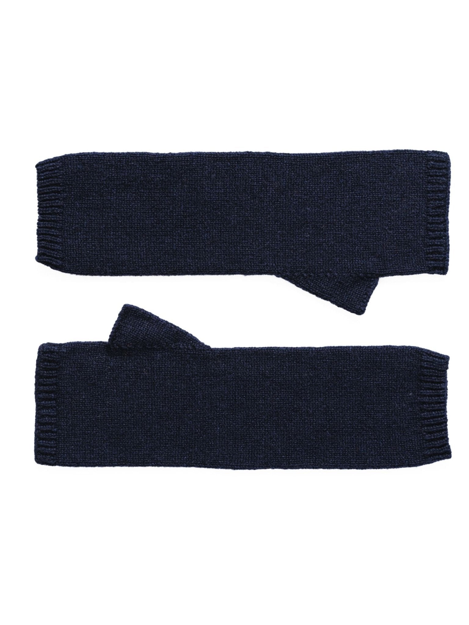 A pair of dark navy Cashmere Mittens by Campbell’s of Beauly, finely ribbed and knitted from Scottish cashmere, are laid flat on a white background with visible thumb openings.