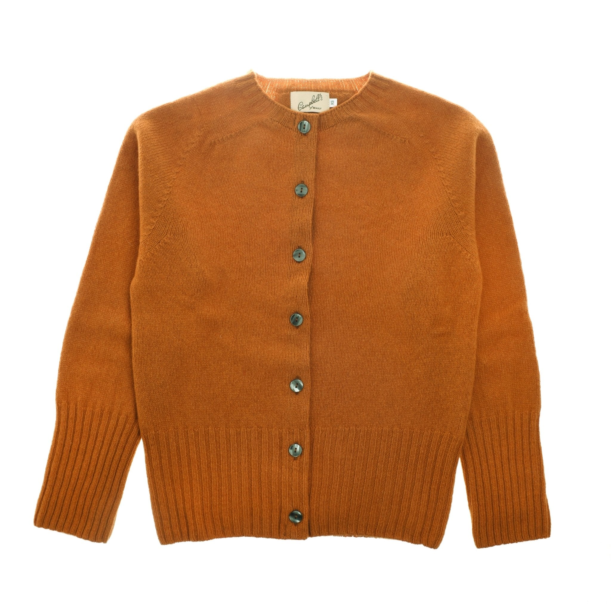 The Auld Stock Geelong Lambswool Crew Cardigan by Campbell's of Beauly is a burnt orange, long-sleeve Scottish knitwear piece with a round neckline and dark buttons, shown laid flat on a white background.