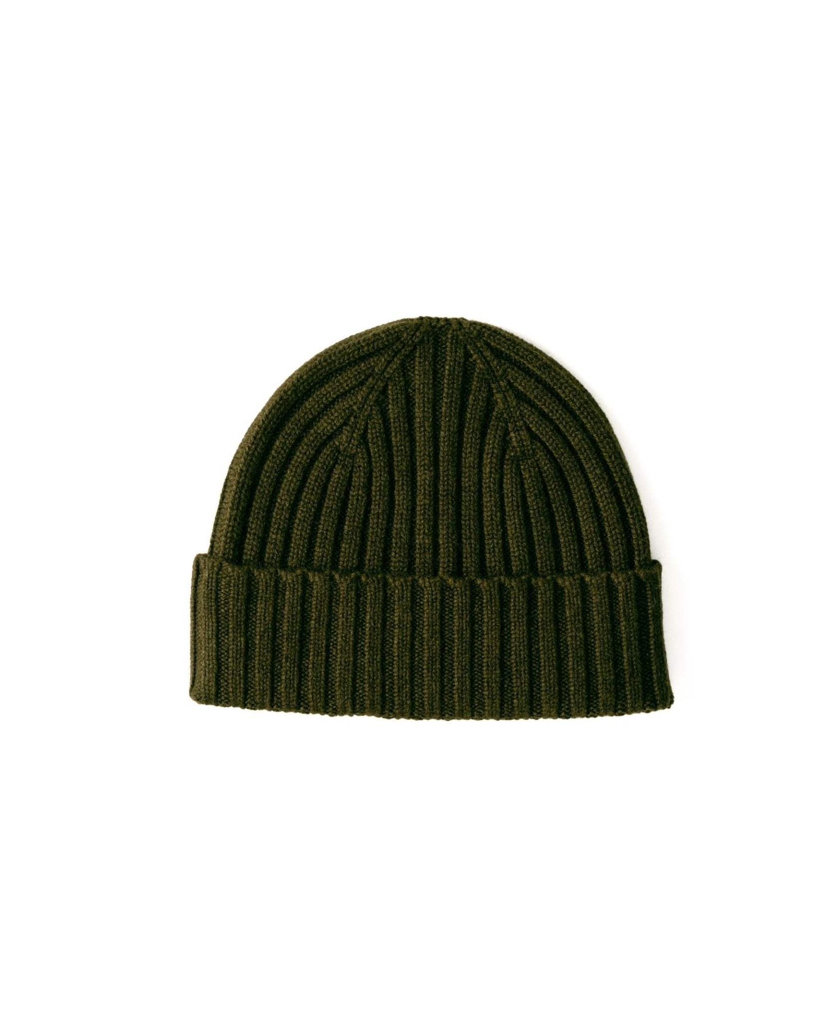 The Campbells of Beauly Cashmere Rib Hat in Military Green features a ribbed design and folded brim, inspired by the Scottish Borders, and is displayed on a plain white background.