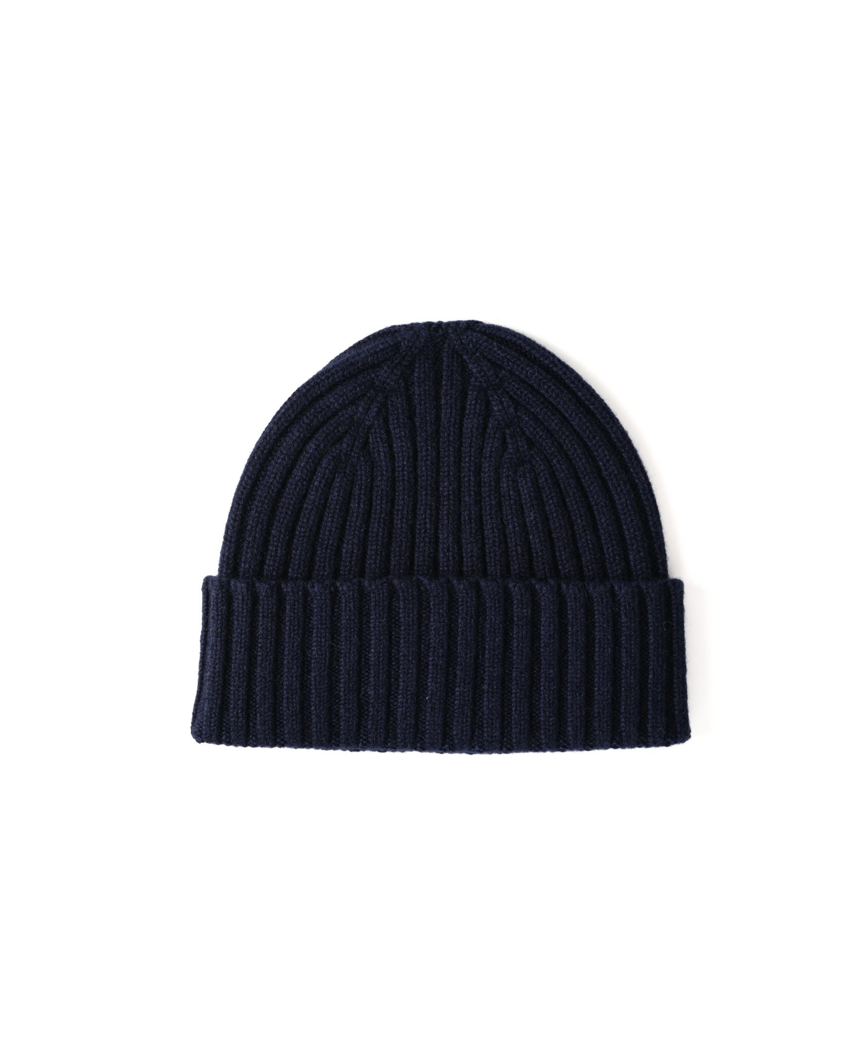 The Campbell's of Beauly Cashmere Rib Hat in navy blue features ribbed cashmere with a folded cuff, shown flat on a white background. Inspired by the Scottish Borders' craftsmanship.
