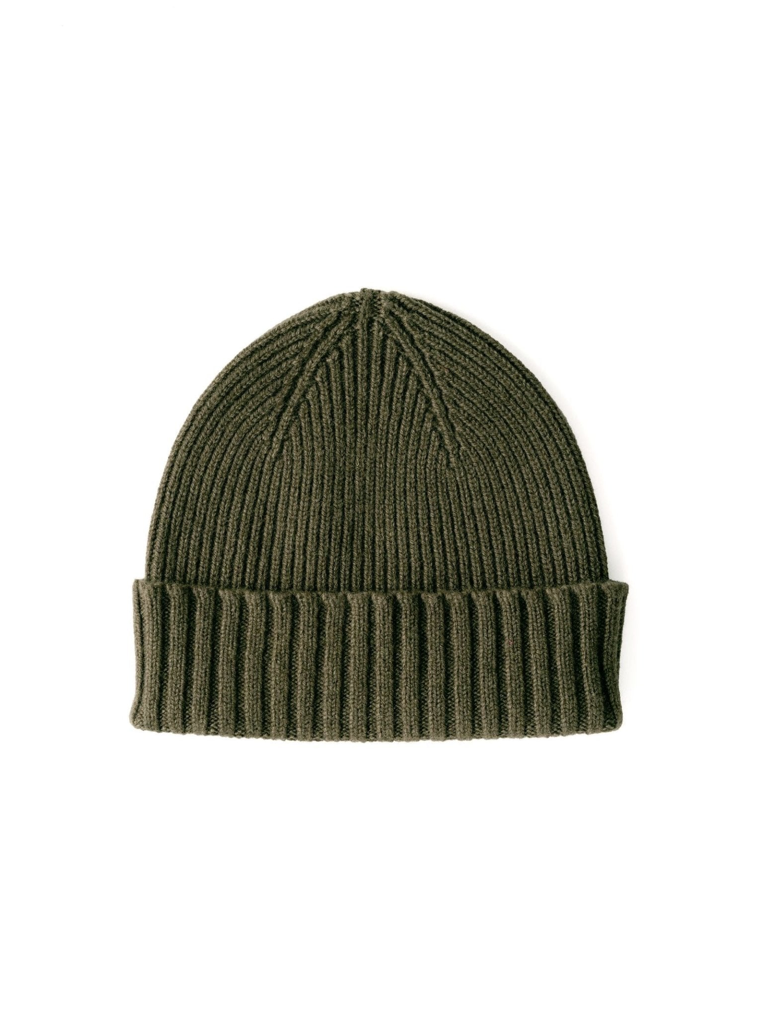 The Campbell's of Beauly Rib Hat in olive green features a ribbed knit with folded cuff, made from 100% wool—a must-have winter essential, shown on a white background.